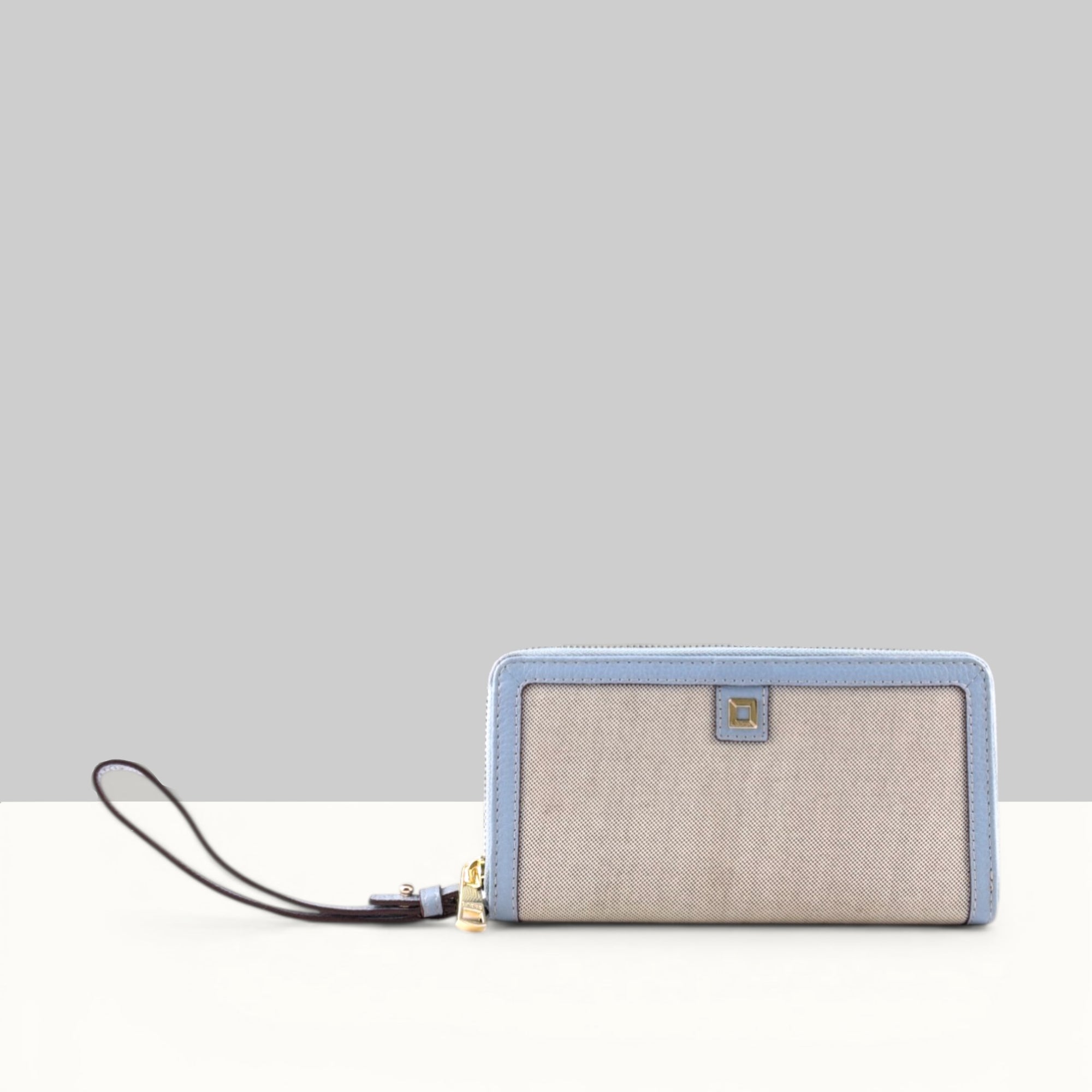 Lodis Kiara Continental Zip Wallet in Aura – Front View, Blended Fabric with Leather Trim and Wristlet Strap, RFID Protected | Lodis 1965