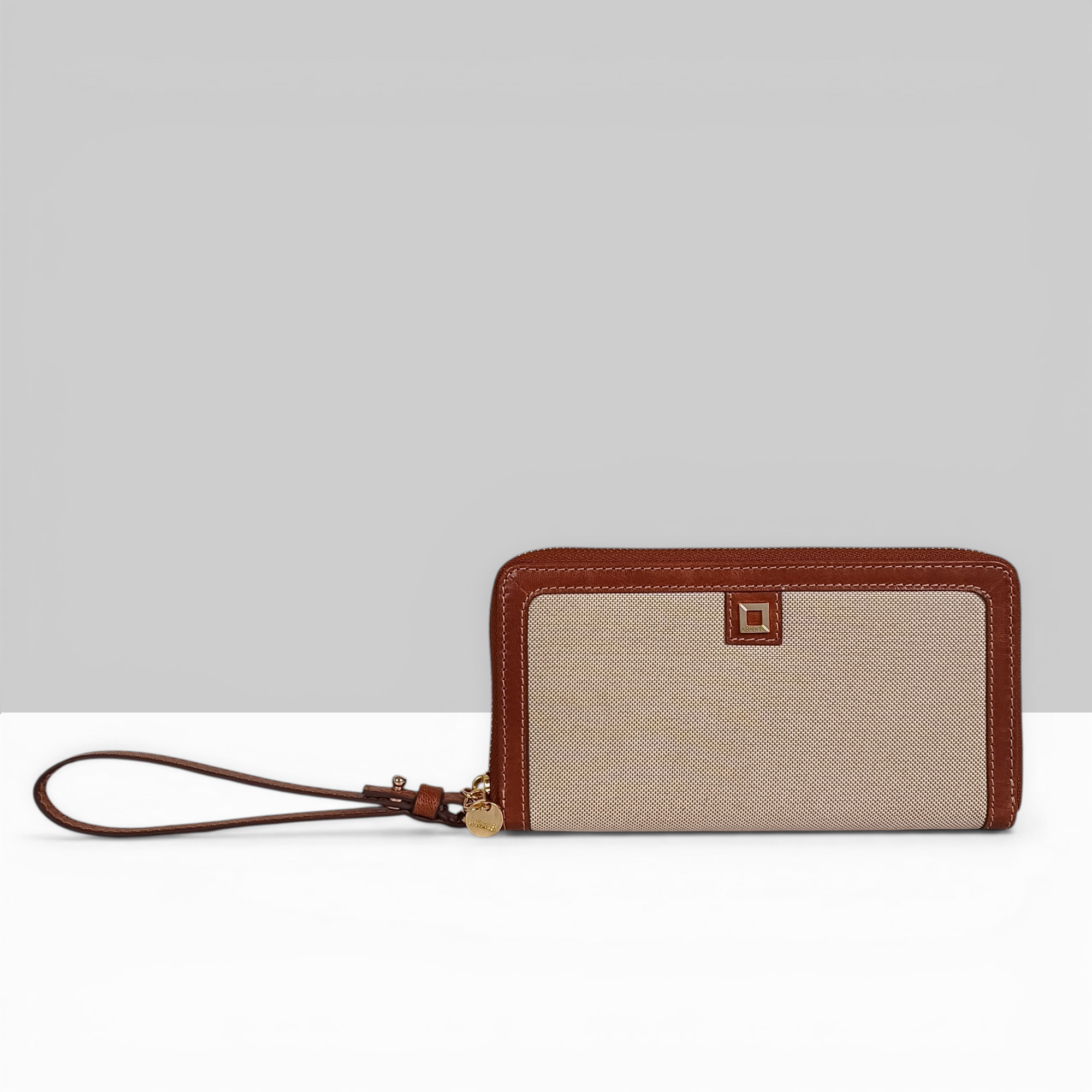 Lodis Kiara Continental Zip Wallet in Chestnut – Front View, Blended Fabric Body with Chestnut Leather Trim and Wristlet Strap, RFID Protected | Lodis 1965