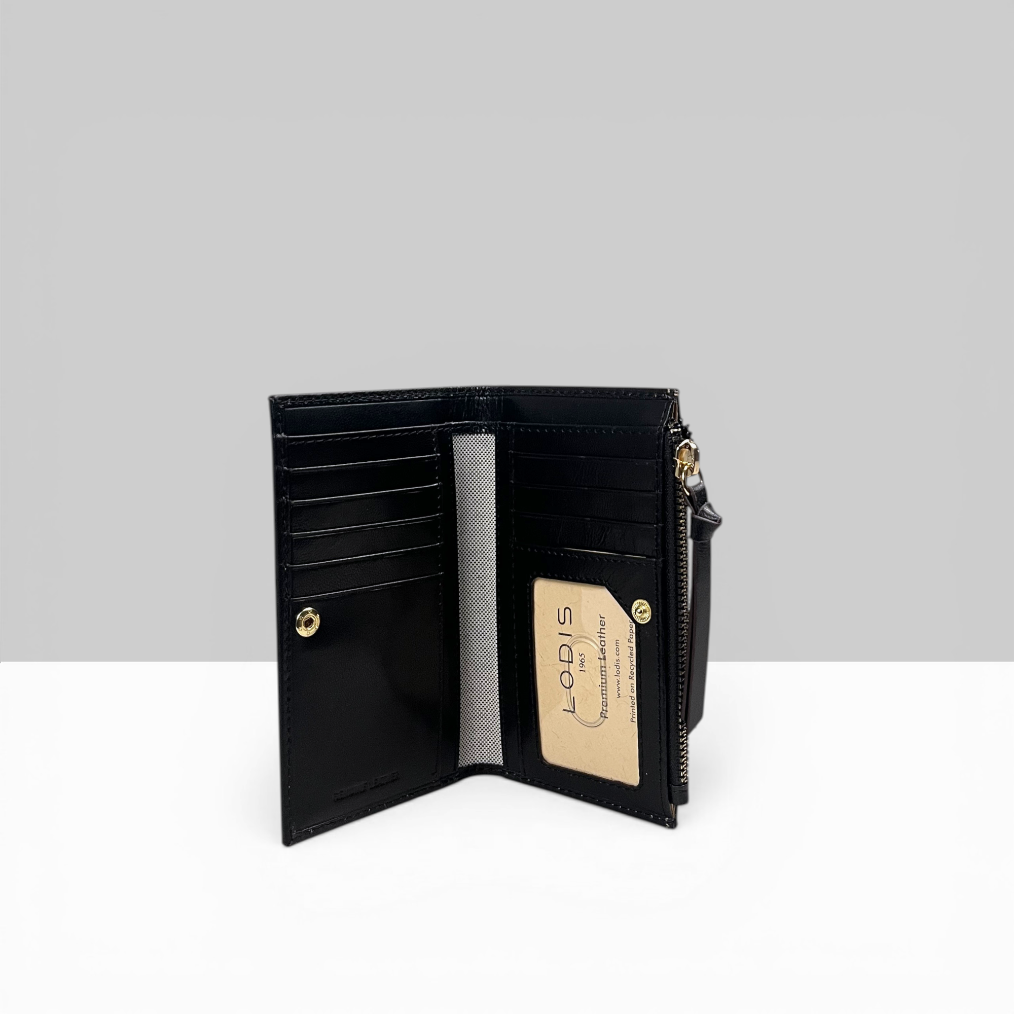 Lodis Kiara French Purse in Black – Interior View Open Showing Multiple Card Slots, Bill Compartment and Lodis Brand Tag, RFID Protected | Lodis 1965