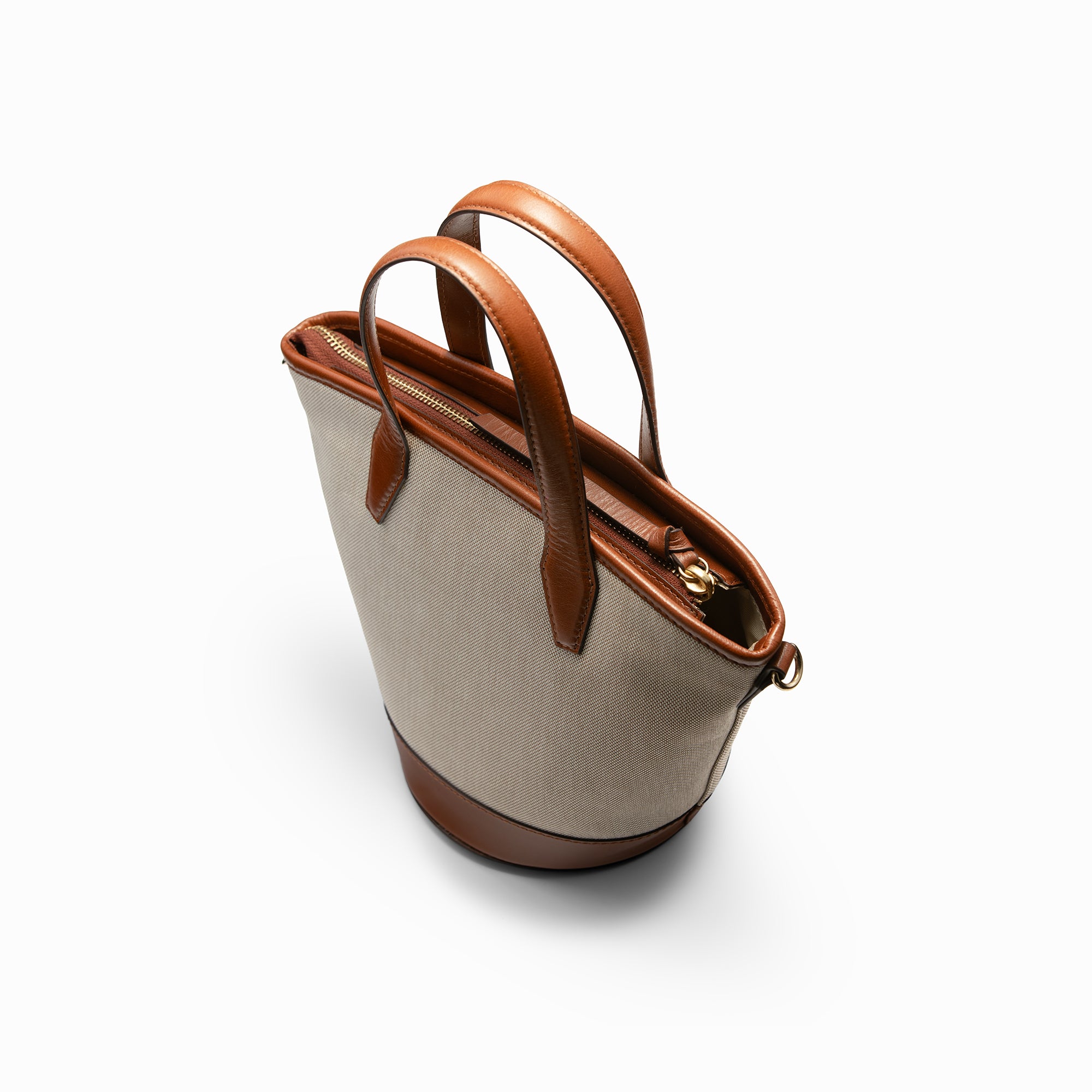 Lodis Kiara Small Bucket Bag in Chestnut – Overhead Angle View Showing Open Top, Interior Zip Pocket and Chestnut Leather Handles | Lodis 1965