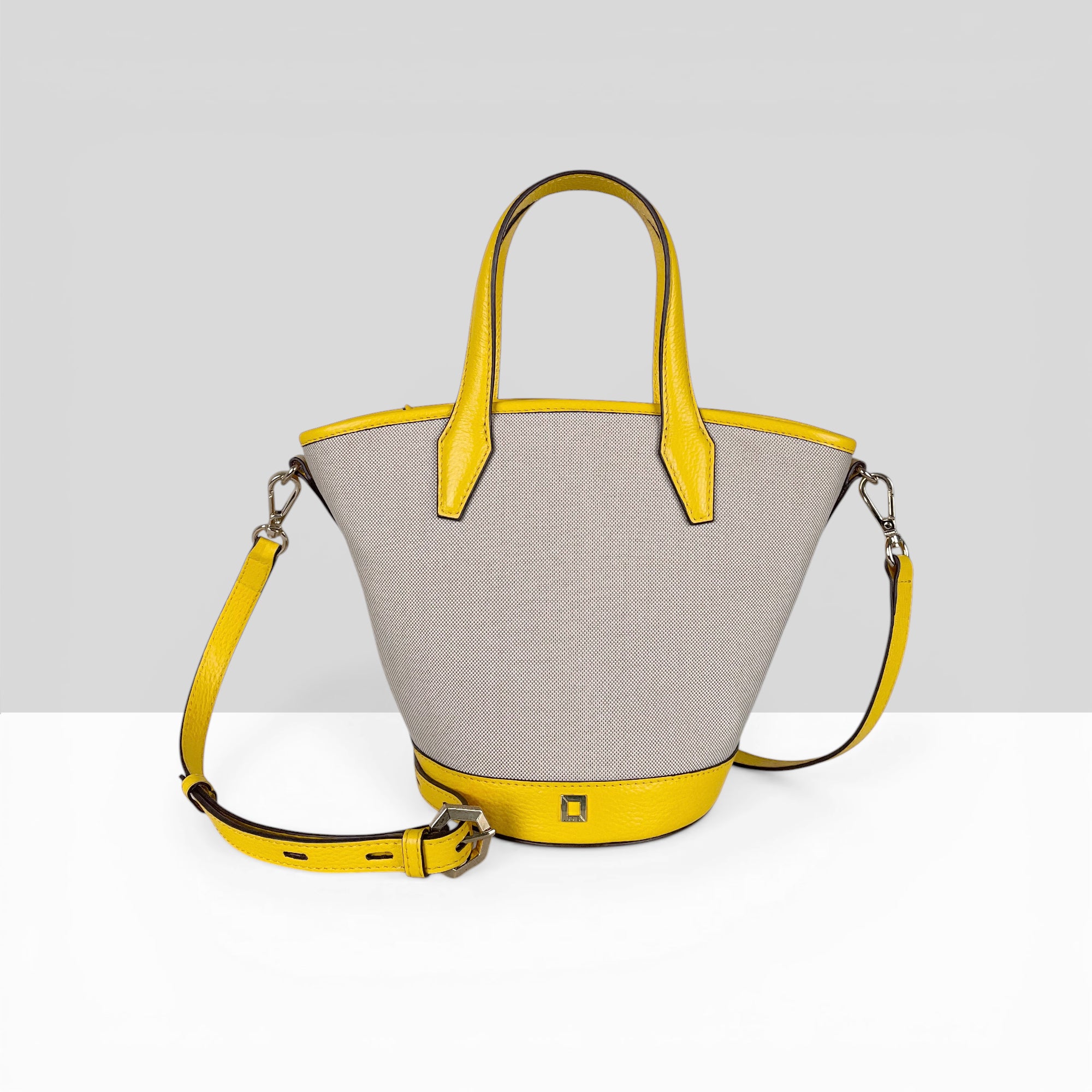 Lodis Kiara Small Bucket Bag in Curry – Front View, Blended Fabric Body with Curry Leather Trim, Handles and Adjustable Crossbody Strap | Lodis 1965