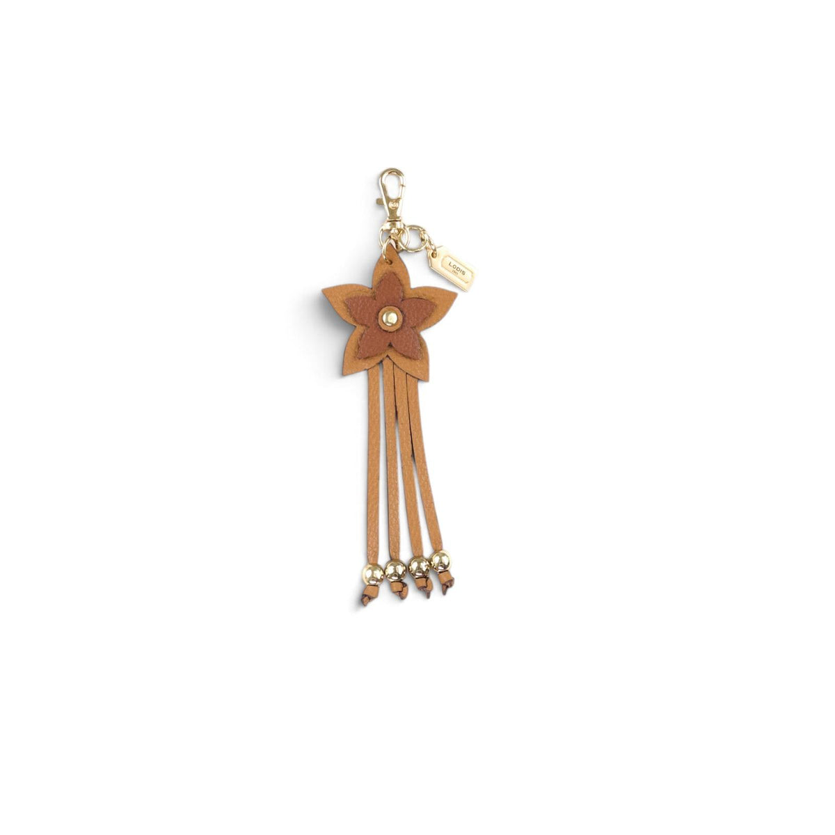Lodis Leather Flower Bag Charm in Tan - Two-Tone Leather Flower with Fringe Tassels, Gold-Tone Bead Accents, Lodis Logo Tag and Lobster Clasp | Lodis 1965