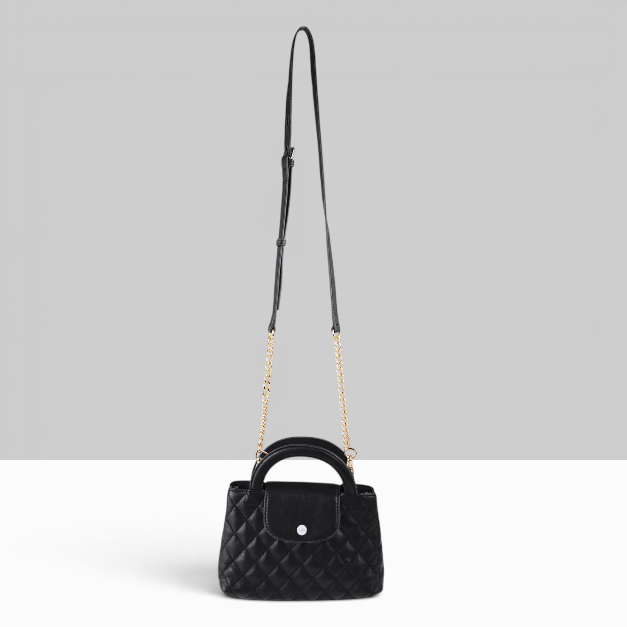 Lodis Mini Quilted Satchel in Black – Full-Length View with Adjustable Leather and Gold-Tone Chain Crossbody Strap | Lodis 1965