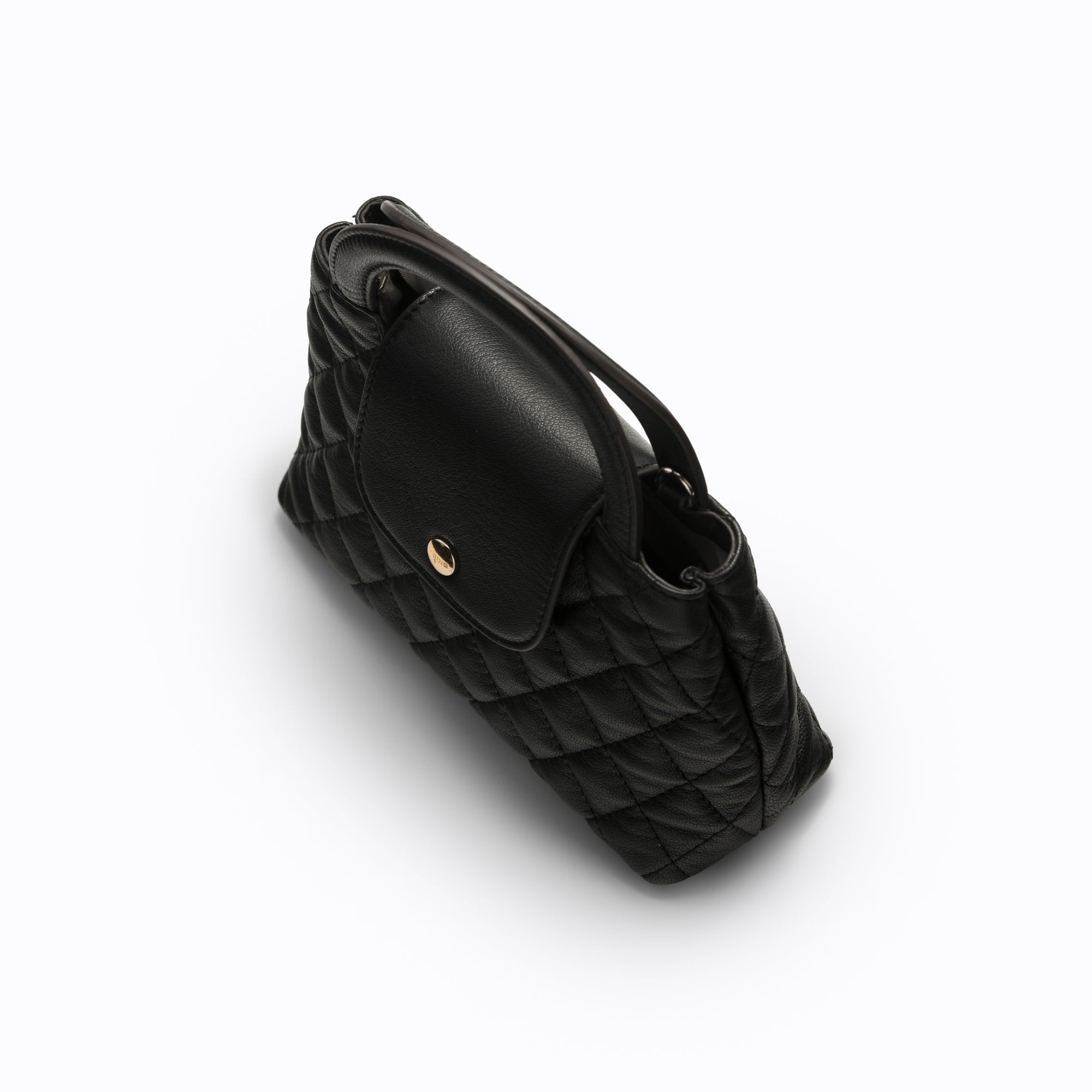 Lodis Mini Quilted Satchel in Black – Overhead Angle View Showing Flap Closure and Diamond Quilted Leather Detail | Lodis 1965