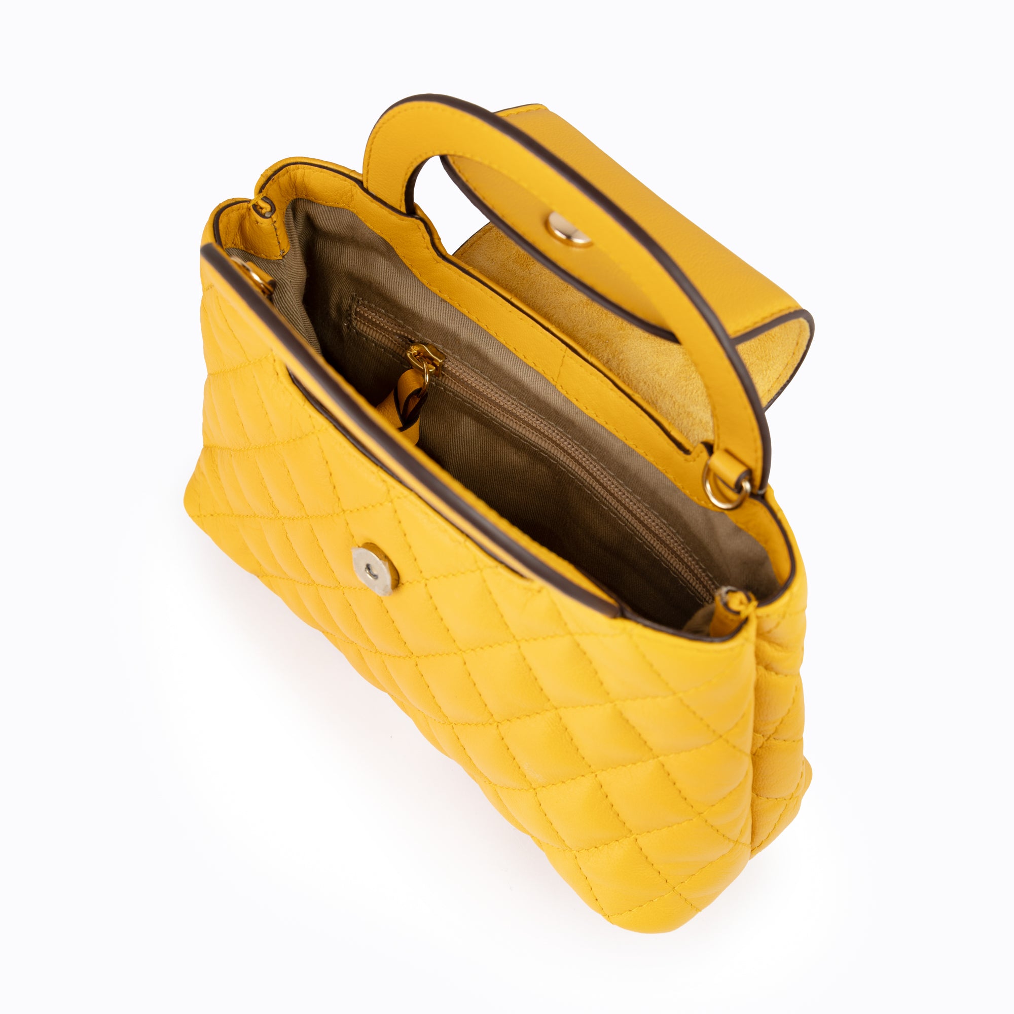Lodis Mini Quilted Satchel in Curry – Interior View Showing Main Compartment and Zip Pocket | Lodis 1965
