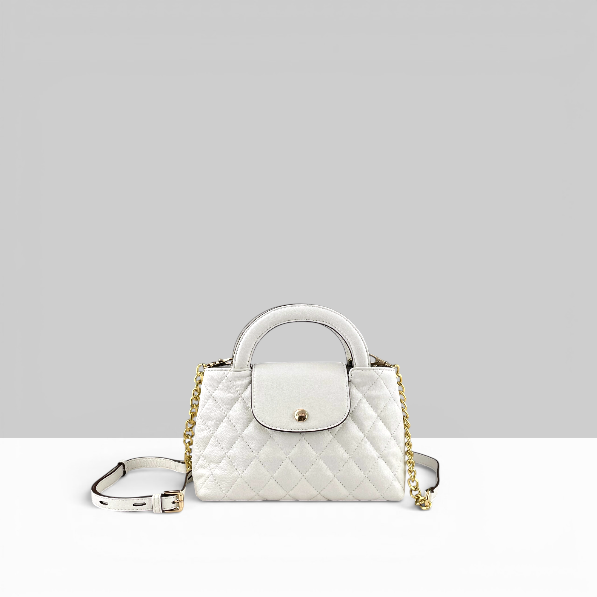 Lodis Mini Quilted Satchel in White – Front View with Gold-Tone Chain Strap, Diamond Quilted Pebbled Leather | Lodis 1965