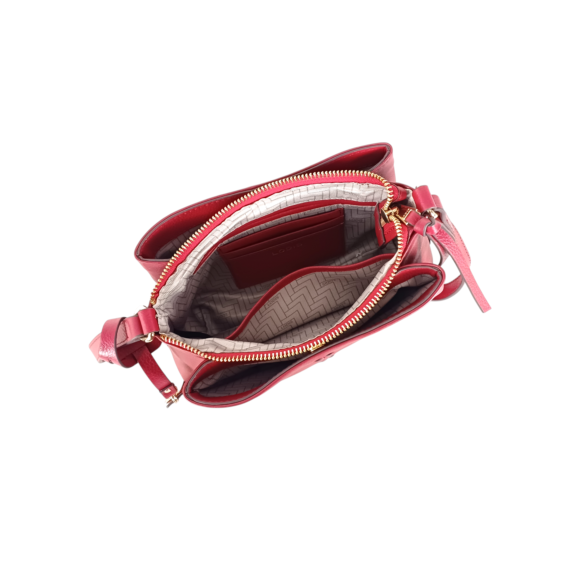 Lodis Nicks Crossbody in Rhythmic Red - Interior View Open Showing Lodis Monogram Lining, Zip Pocket and Gold-Tone Hardware | Lodis 1965