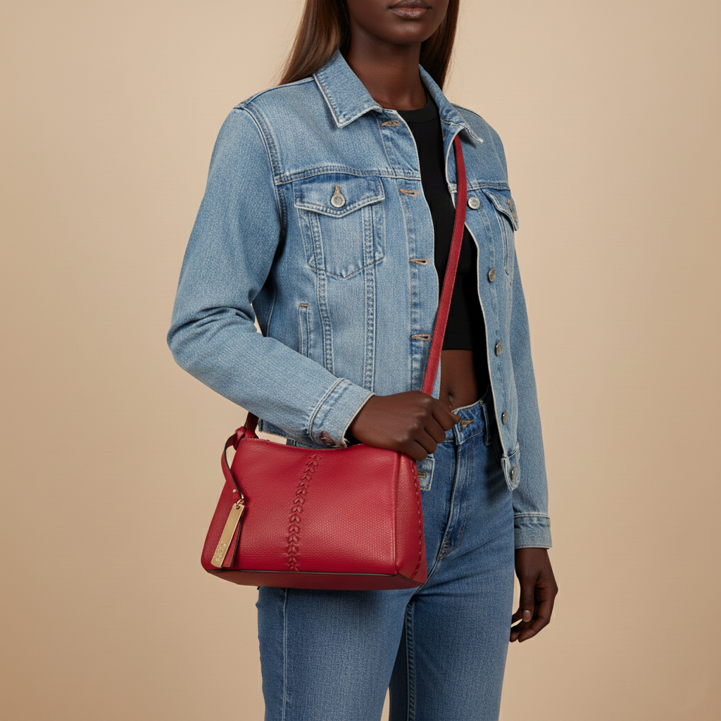 Woman Wearing Lodis Nicks Crossbody in Rhythmic Red - Lifestyle Shot with Denim Jacket and Jeans, Casual Everyday Style | Lodis 1965