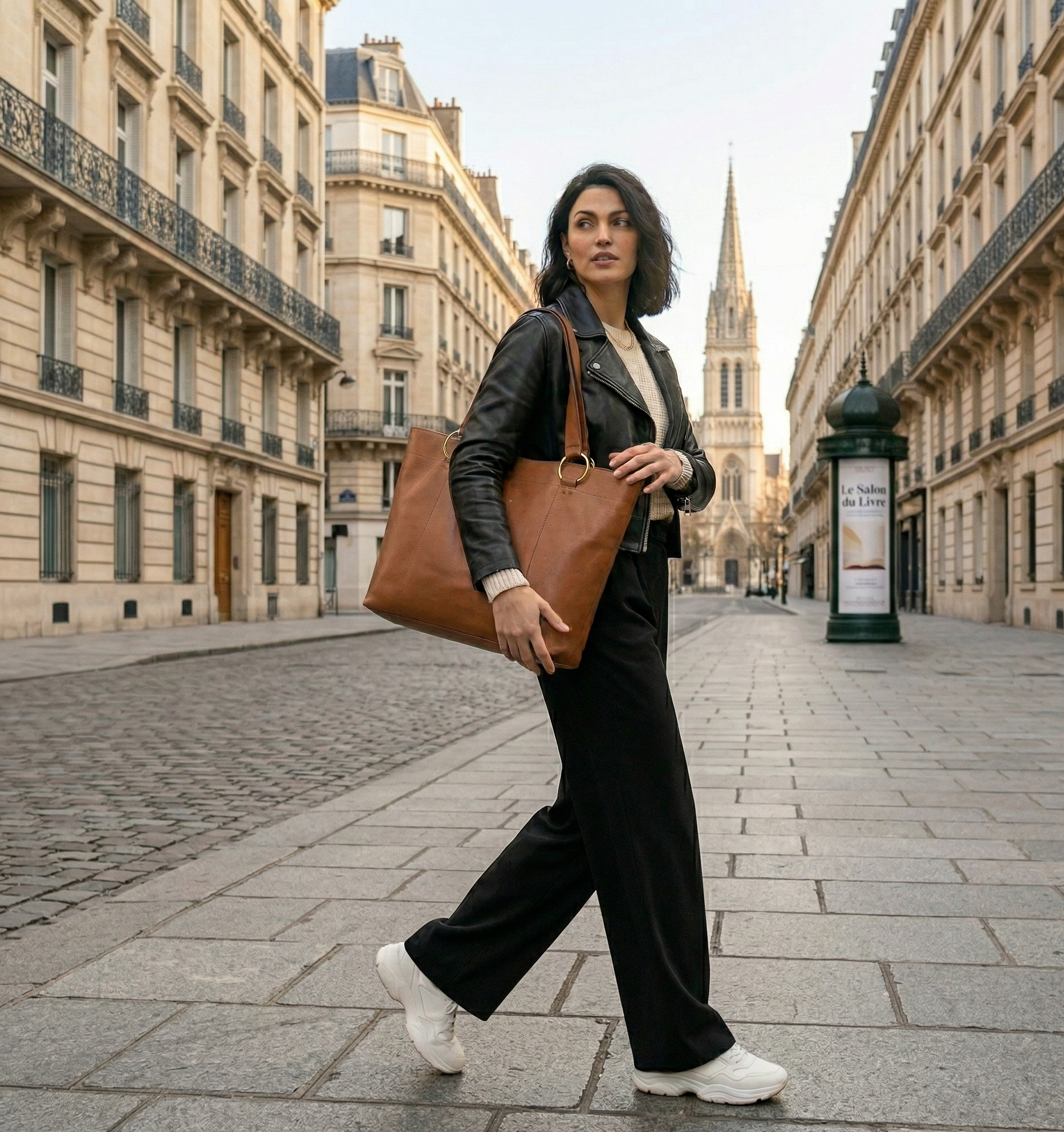 Woman Carrying Lodis Solaris Tote in Chestnut on a European City Street β Drum Dyed Pebbled Leather Tote, Spring-Summer 2026 | Lodis 1965