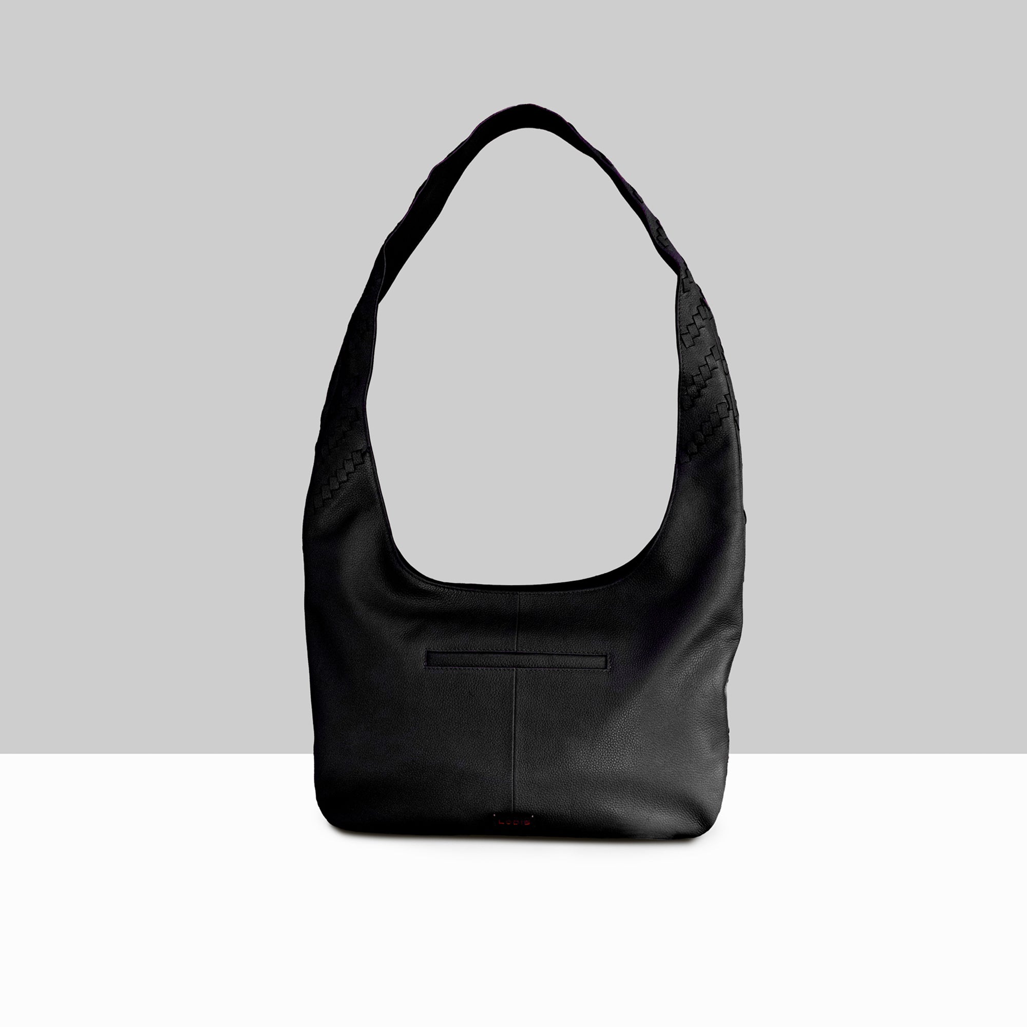 Lodis Solstice Hobo in Black – Straight Front View, Smooth Pebbled Leather Body with Woven Top Handle | Lodis 1965