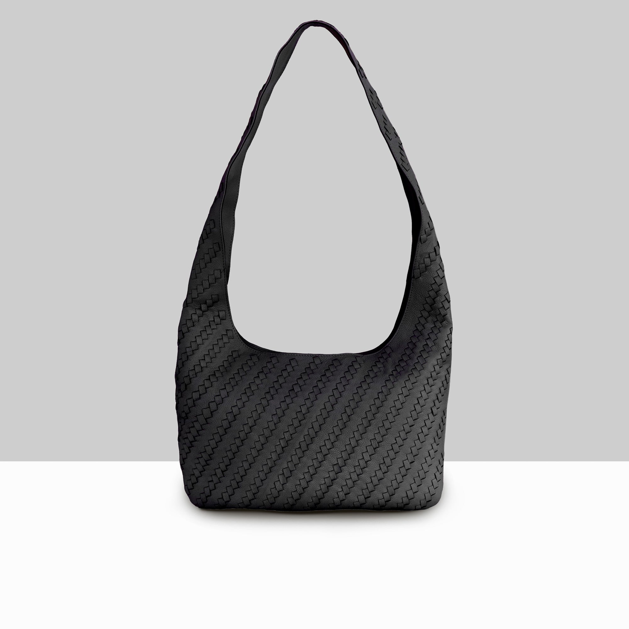 Lodis Solstice Hobo in Black – Front View, Drum Dyed Woven Pebbled Leather Hobo Bag with Single Top Handle | Lodis 1965