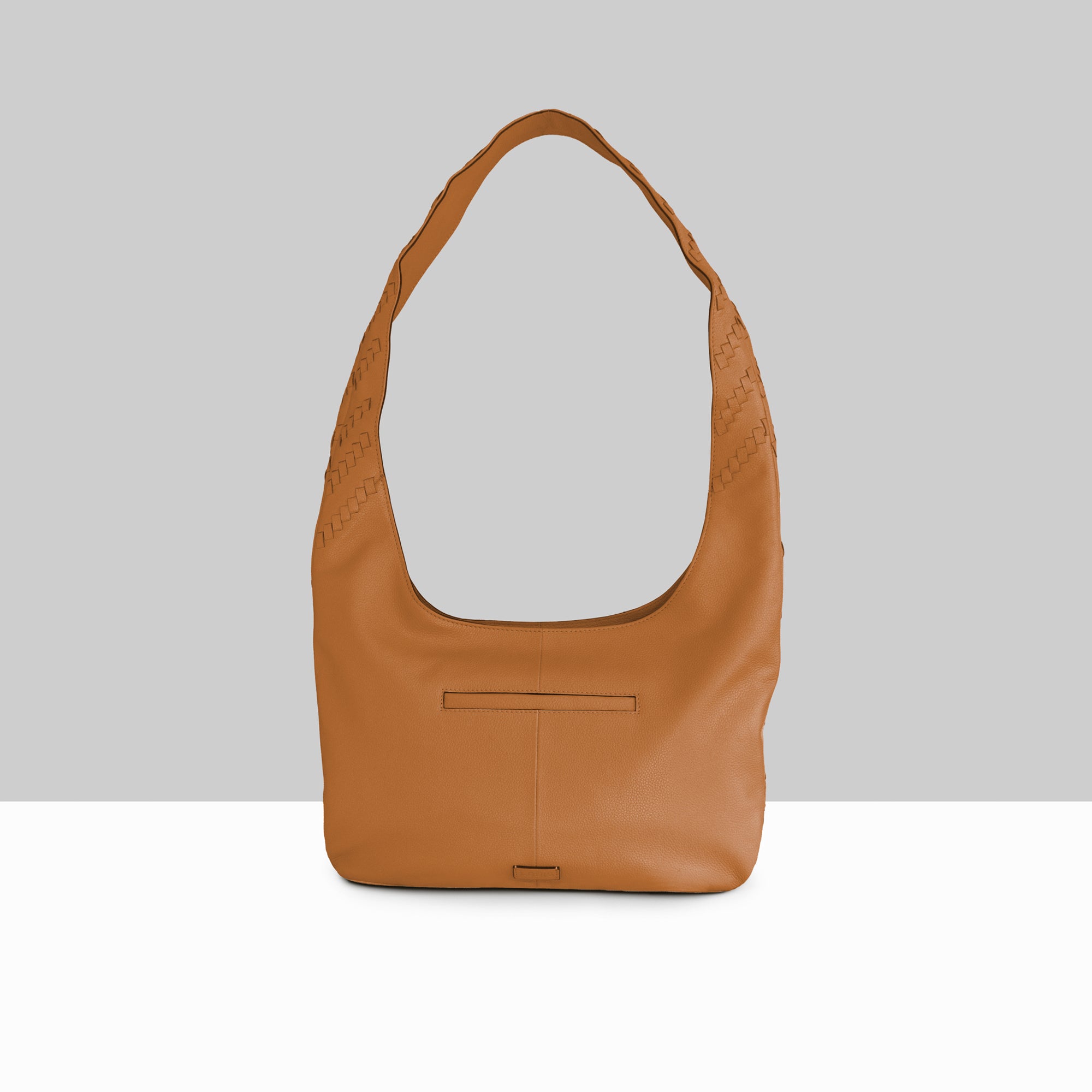 Lodis Solstice Hobo in Chestnut – Straight Front View, Smooth Pebbled Leather Body with Woven Top Handle | Lodis 1965