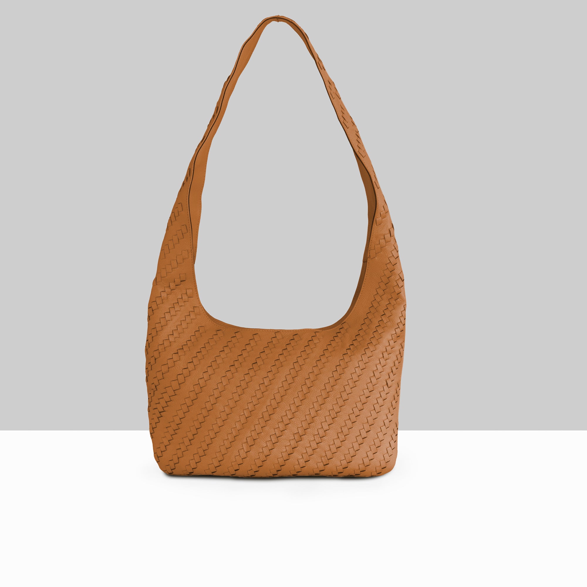 Lodis Solstice Hobo in Chestnut – Front View, Drum Dyed Woven Pebbled Leather Hobo Bag with Single Top Handle | Lodis 1965