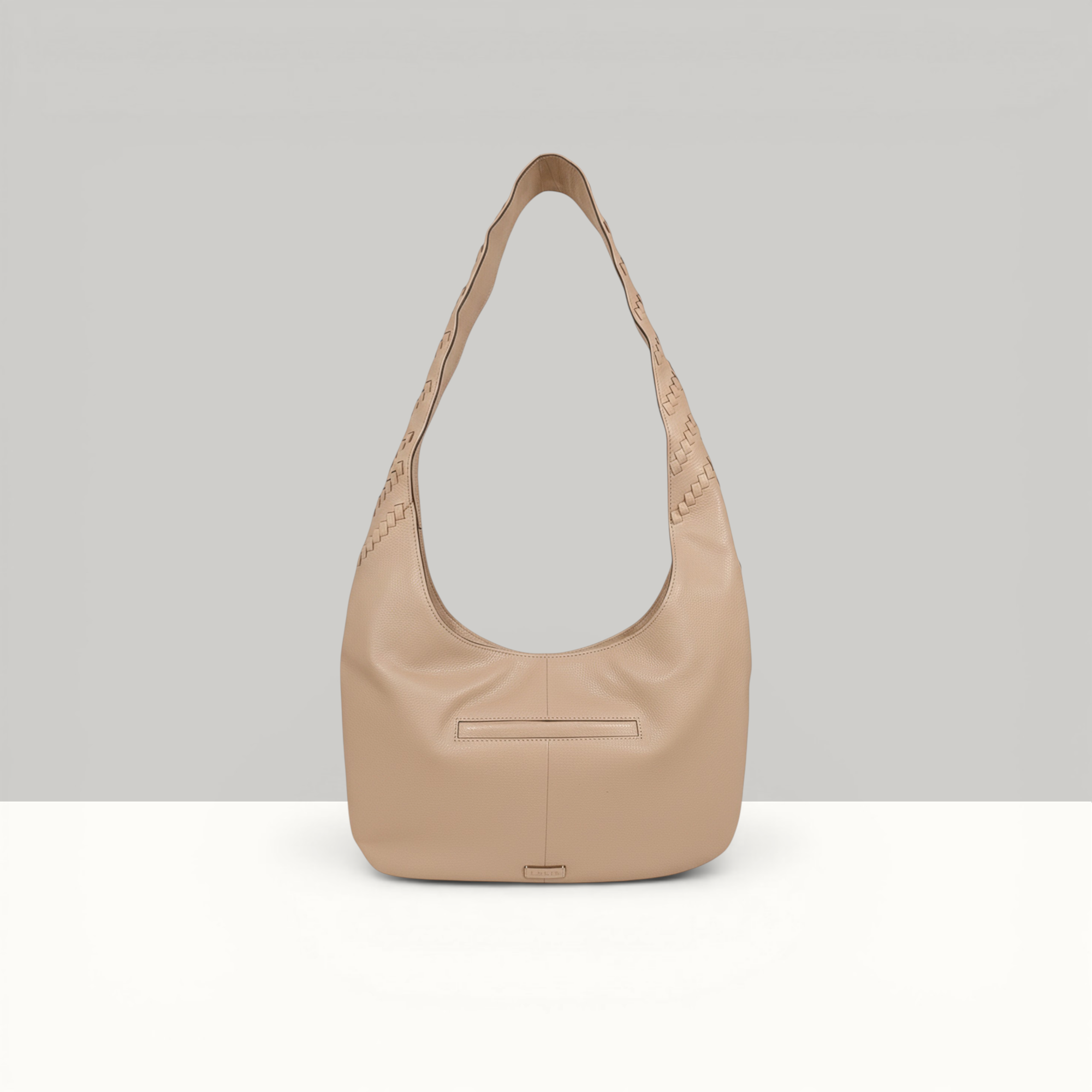 Lodis Solstice Hobo in Sand – Back View, Smooth Pebbled Leather with Woven Top Handle | Lodis 1965