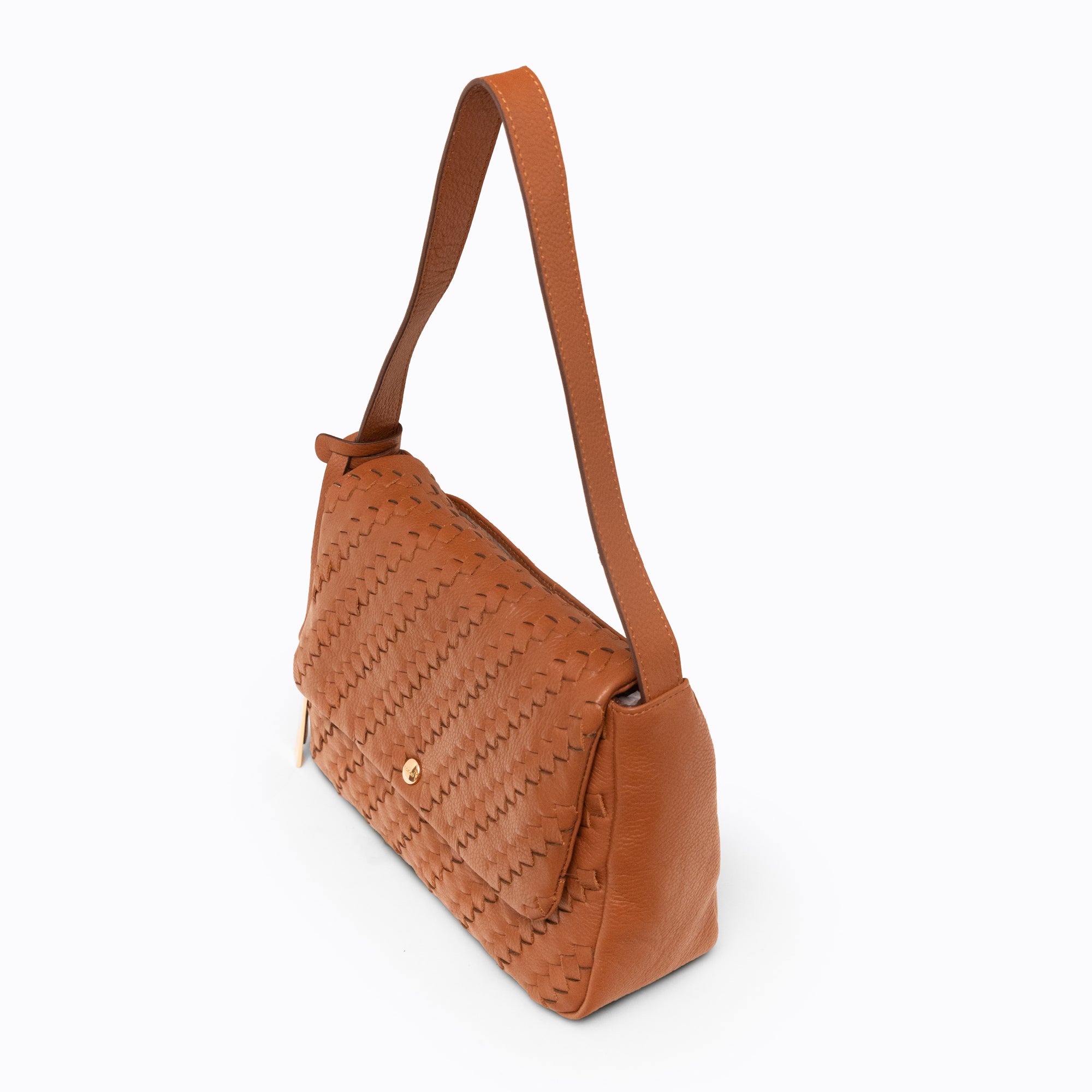 Lodis Solstice Shoulder Bag in Chestnut – Angled Front View, Woven Pebbled Leather with Flap Closure, Gold-Tone Snap and Tassel Detail | Lodis 1965