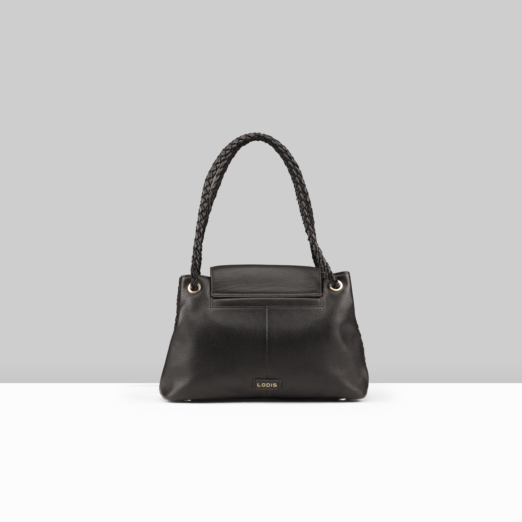 Lodis Sondra Satchel in Black – Front View, Drum Dyed Pebbled Leather with Braided Top Handle and Gold-Tone Hardware | Lodis 1965