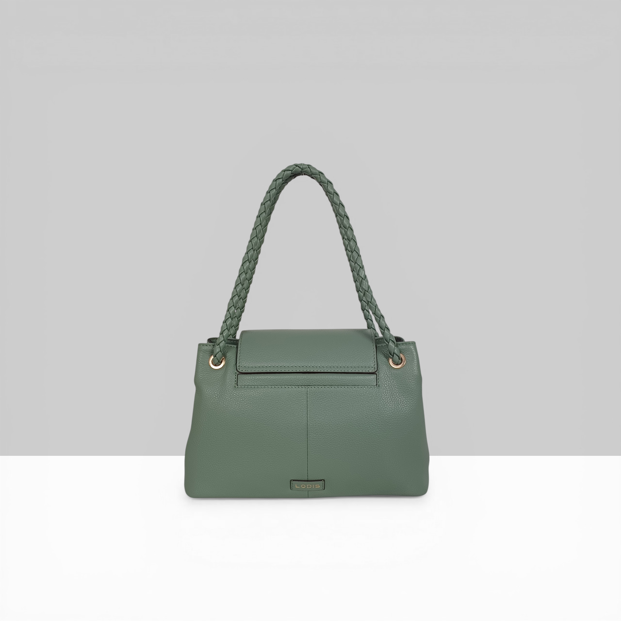 Lodis Sondra Satchel in Sage Green – Back View Showing Smooth Pebbled Leather Panel, Lodis Logo Plate at Base, and Gold-Tone Ring Hardware | Lodis 1965