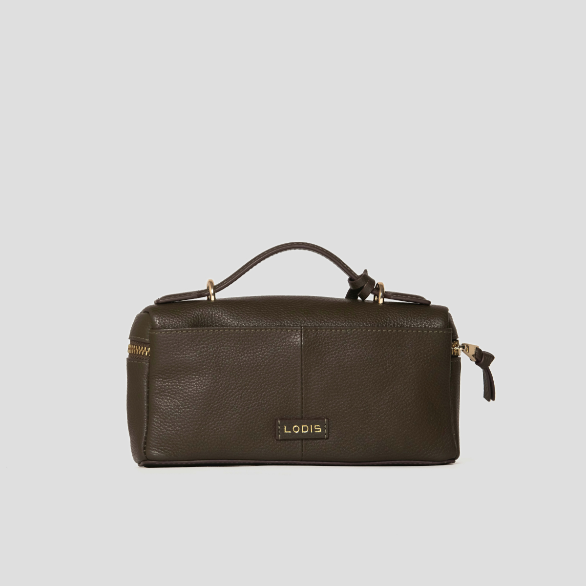 Lodis Stratos Texas Crossbody in Olivine - Back View Showing Olive Green Texas Leather Panel with Gold Foil Lodis Logo and Top Handle | Lodis 1965