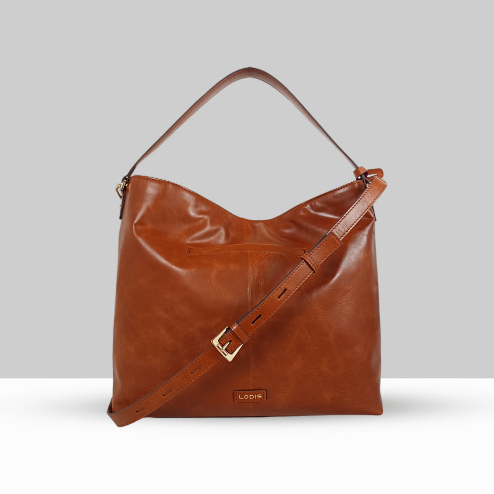 Lodis Venice Hobo in Chestnut – Back View, Smooth Polished Genuine Leather with Lodis Logo Plate and Adjustable Buckle Strap | Lodis 1965