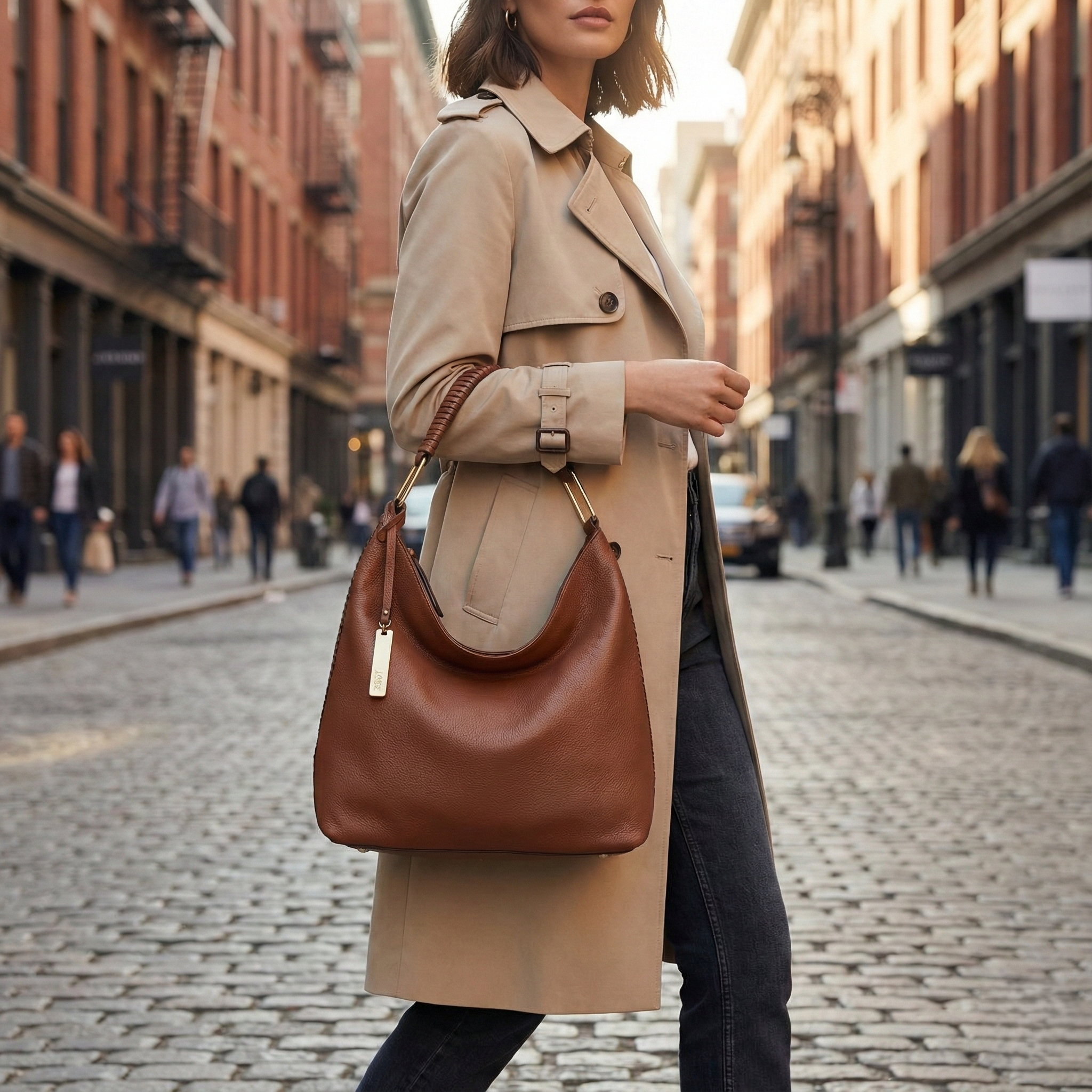 Woman Carrying Lodis Wilson Hobo in Chestnut - Street Style Lifestyle Shot with Trench Coat and Jeans in Urban Setting | Lodis 1965