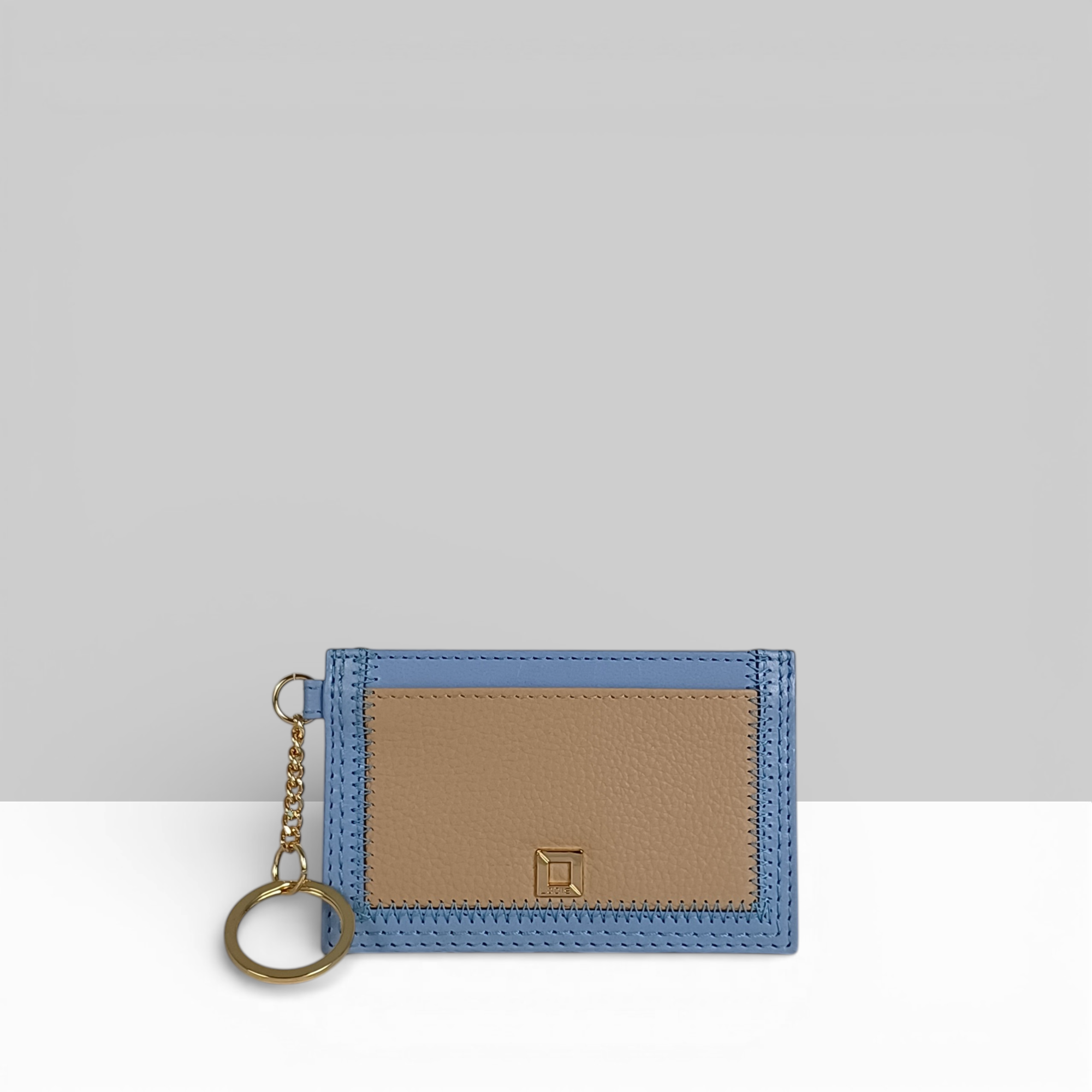 Lodis Cafe ID Card Case in Aura – Angled Front View Showing Two-Tone Leather and Attached Keyring | Lodis 1965