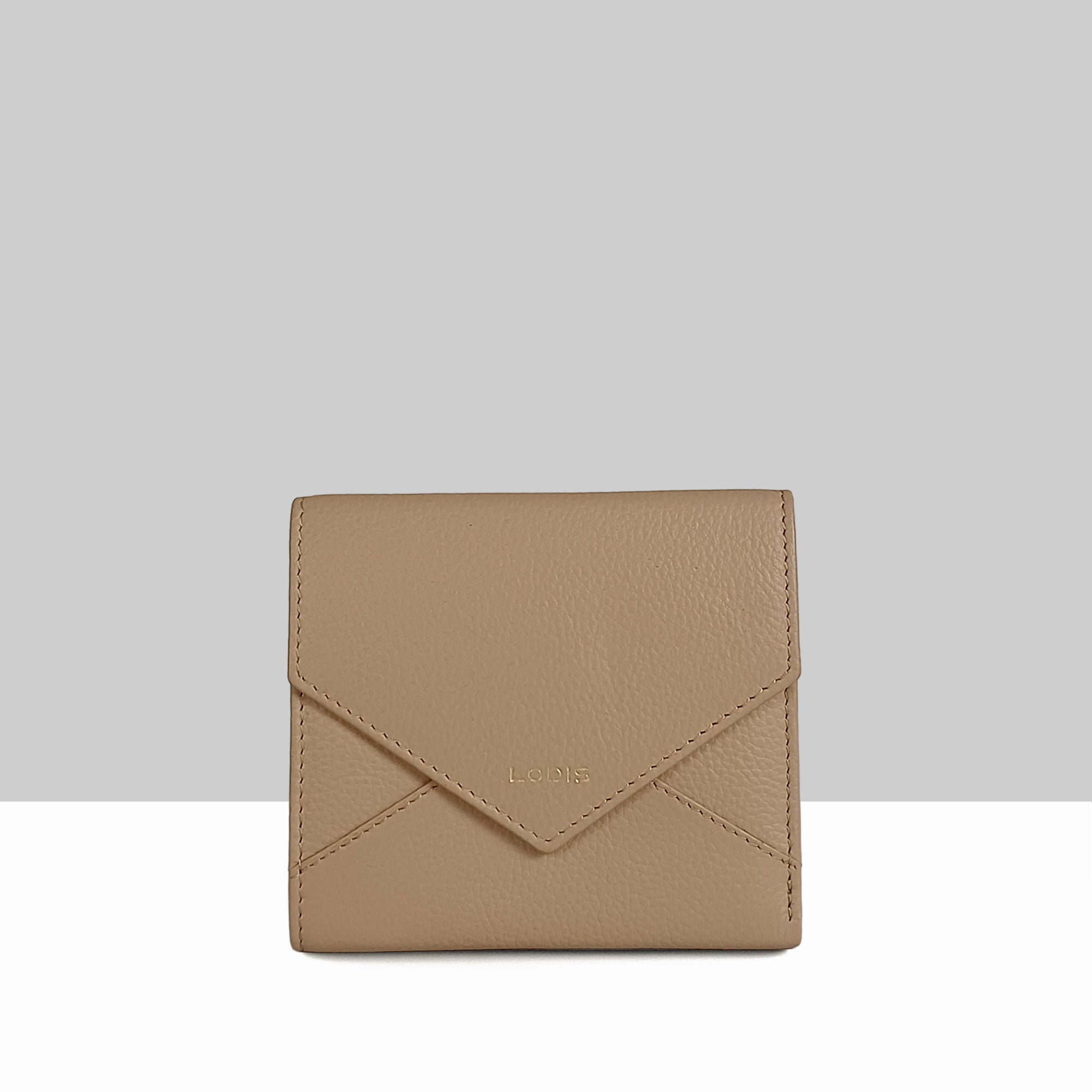 Lodis Vista Envelope Small Tri Fold Wallet in sand pebbled leather with embossed Lodis logo and envelope flap design – front view
