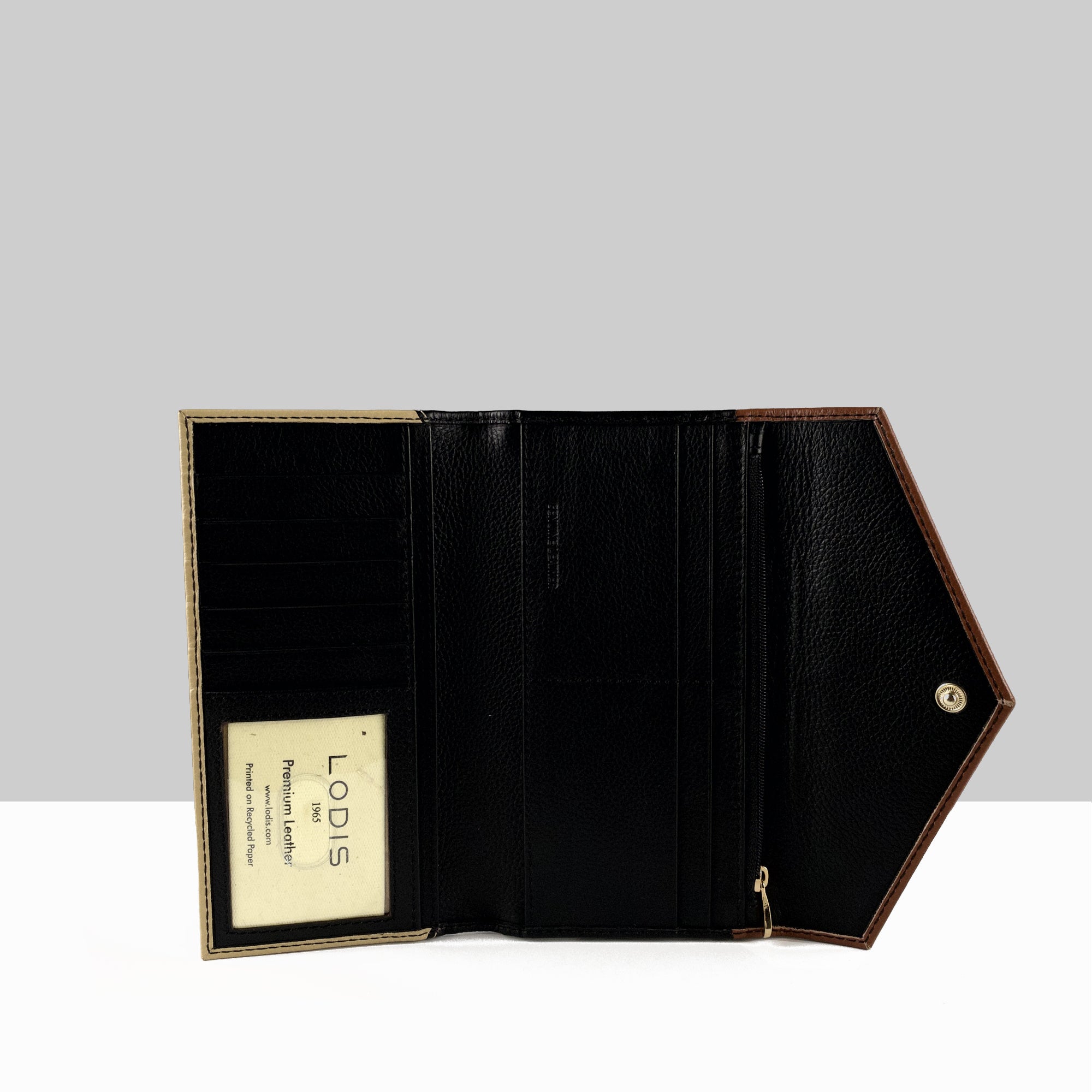 Lodis Vista Envelope Trifold Wallet open view showing black interior with multiple card slots, bill compartments, and Lodis branded insert