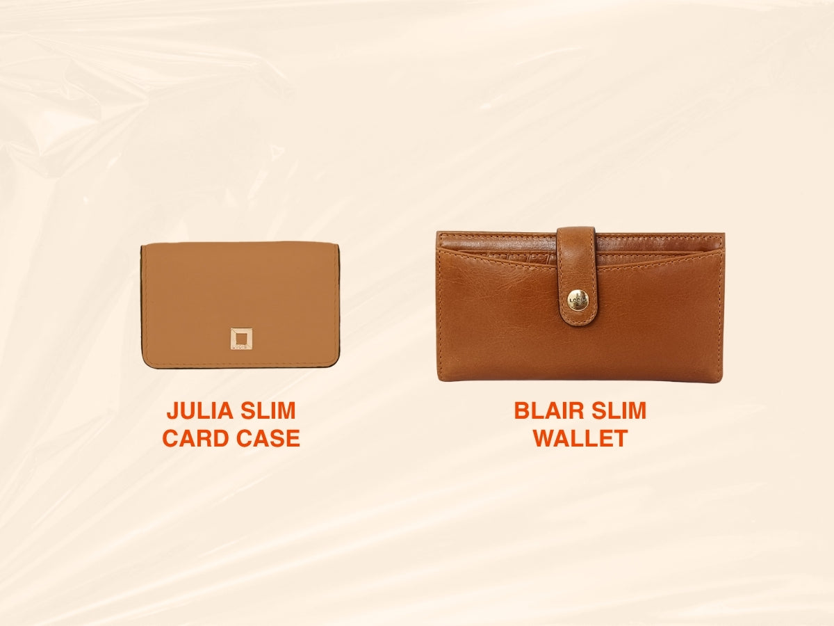 Lodis Julia Slim Card Case in saddle and Blair Slim Wallet in chestnut - best card cases and slim wallets for everyday carry