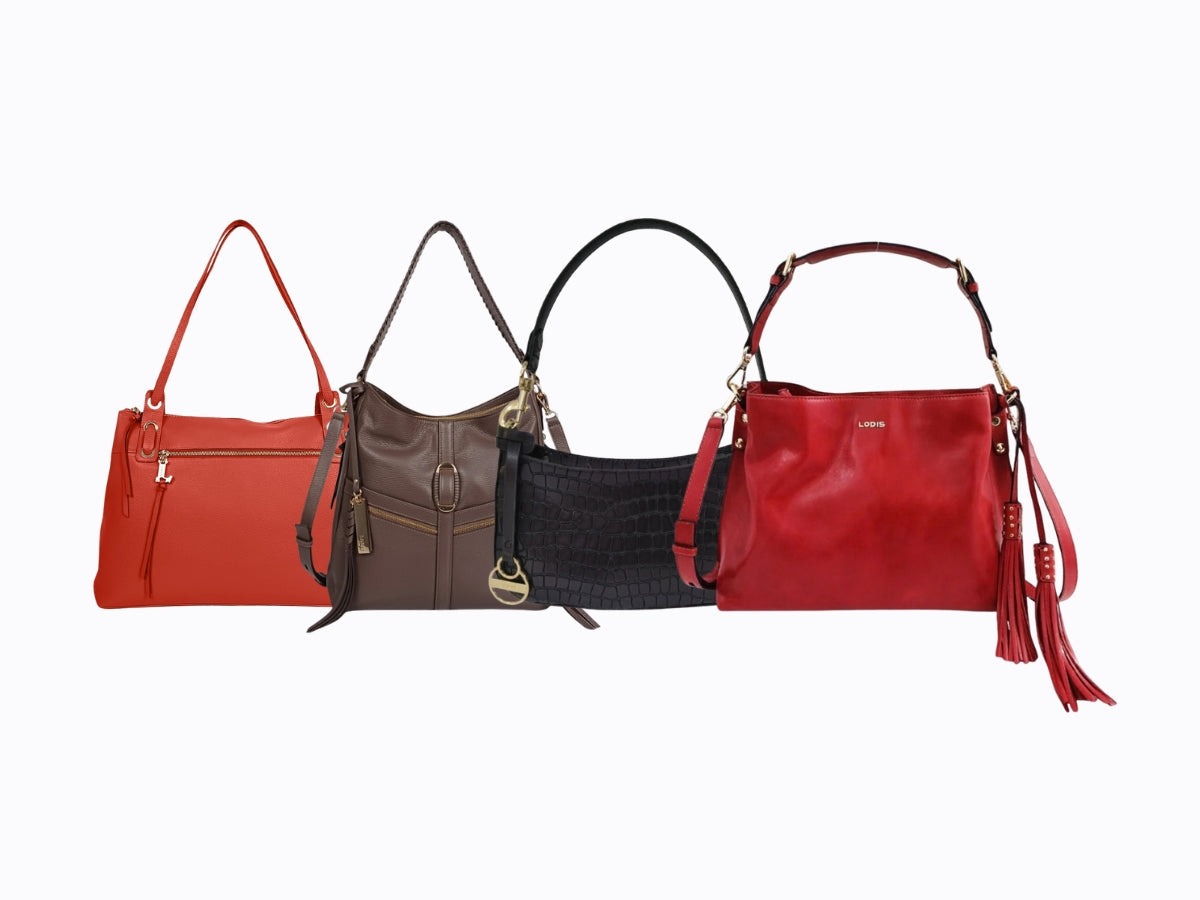 Lodis capsule handbag collection flat lay with a tote, crossbody, shoulder bag, evening baguette and hobo - how many bags you actually need