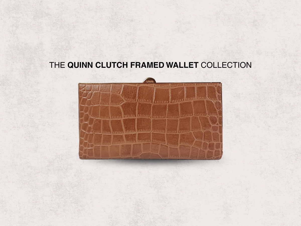 Lodis Quinn Clutch Framed Wallet in cognac croco-finish leather - structured leather clutch wallet with RFID protection