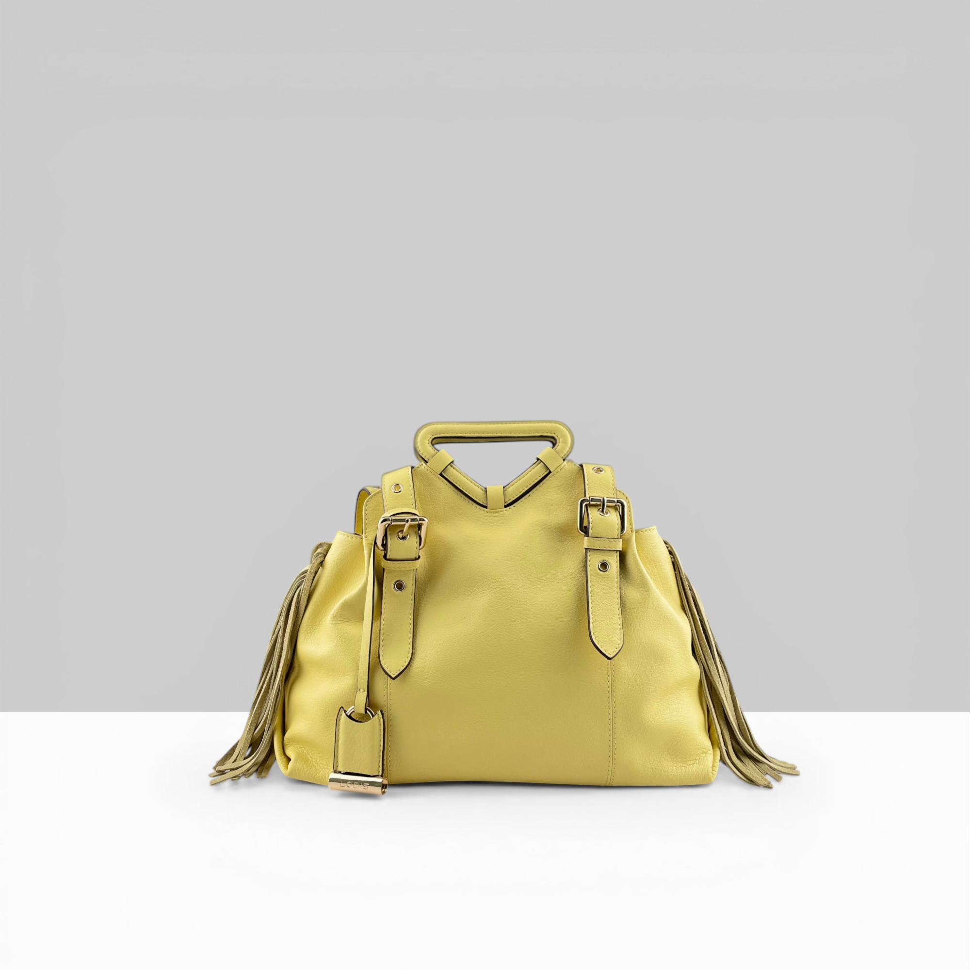 Lodis Skya Tote – women's yellow leather fringe tote bag with gold hardware
