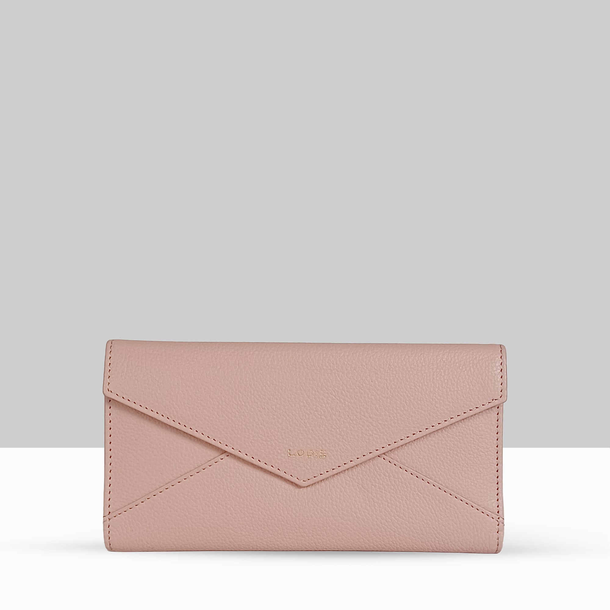 Lodis Vista Envelope Trifold Wallet in pink pebbled leather with embossed Lodis logo and envelope flap design – front view