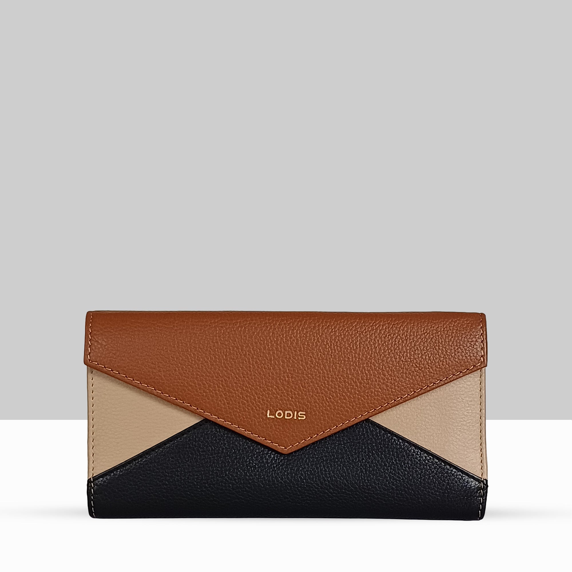 Lodis Vista Envelope Trifold Wallet in black chestnut sand color block pebbled leather with embossed Lodis logo – front view