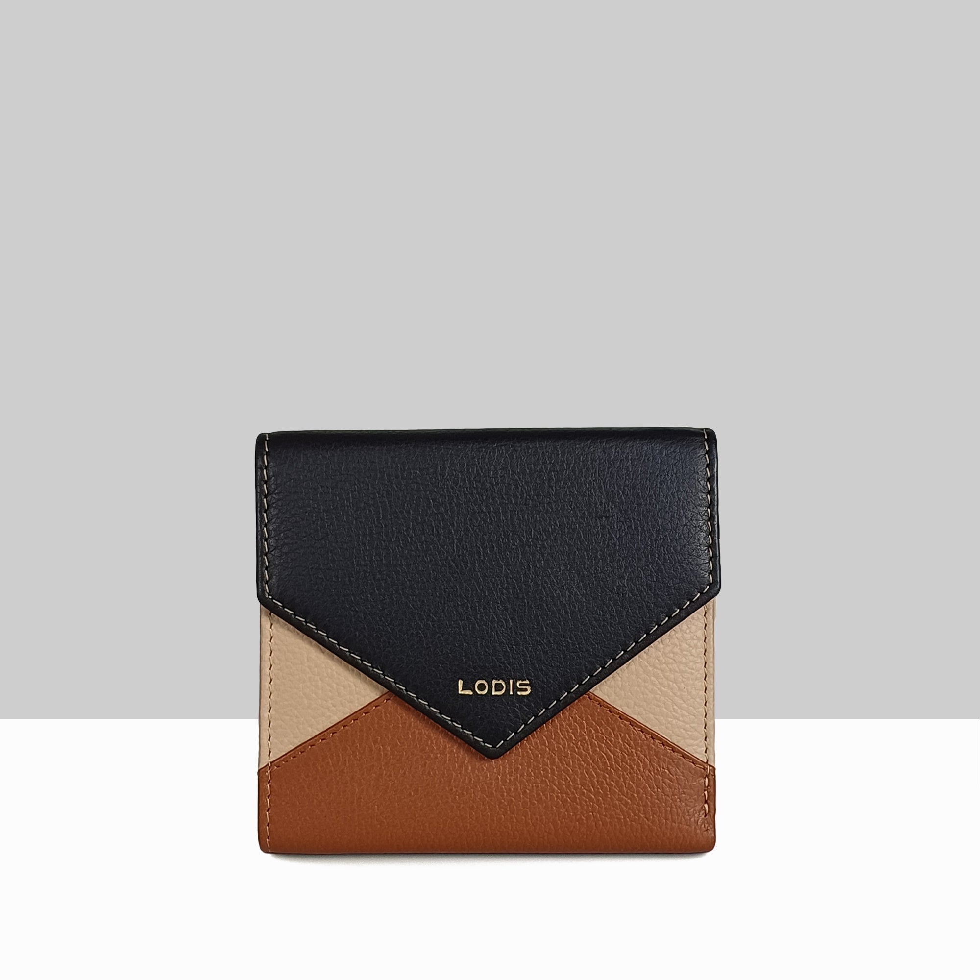 Lodis Vista Envelope Small Tri Fold Wallet in black sand chestnut color block pebbled leather with embossed Lodis logo – front view