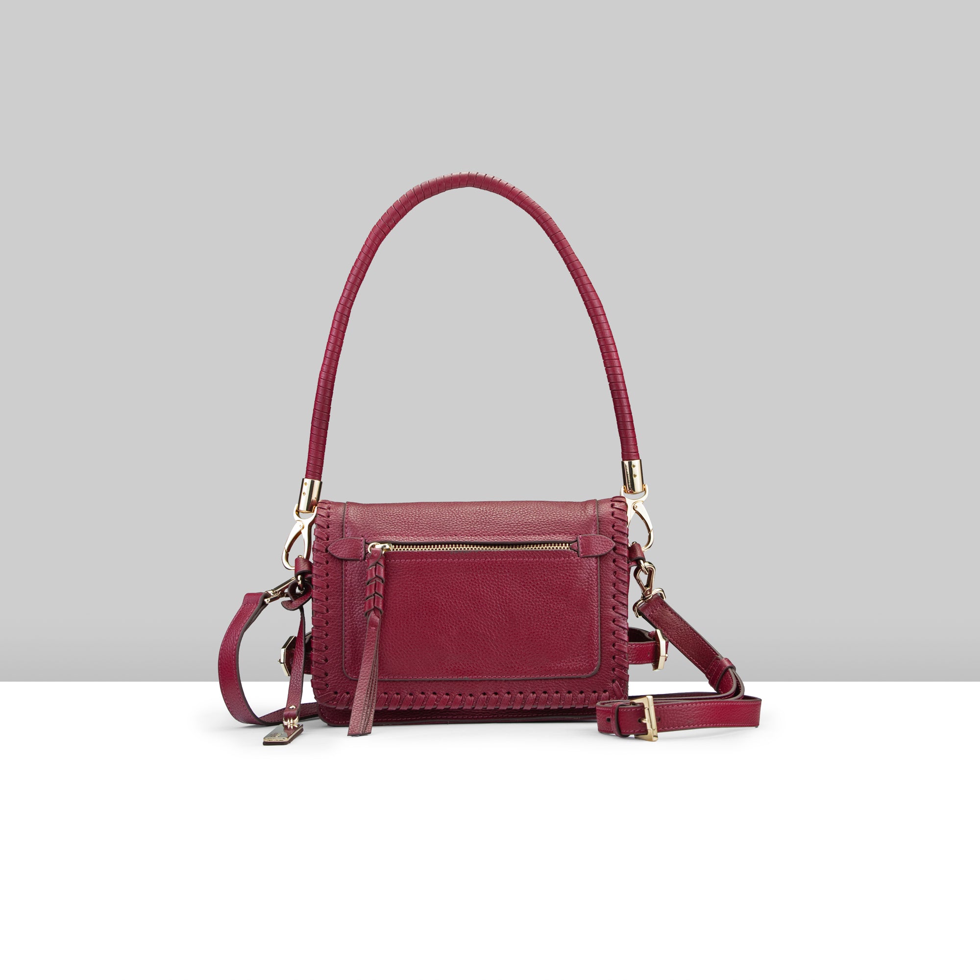 Lodis Elina EW Crossbody wine glazed leather handbag with whipstitch detail, front zip pocket, and gold hardware