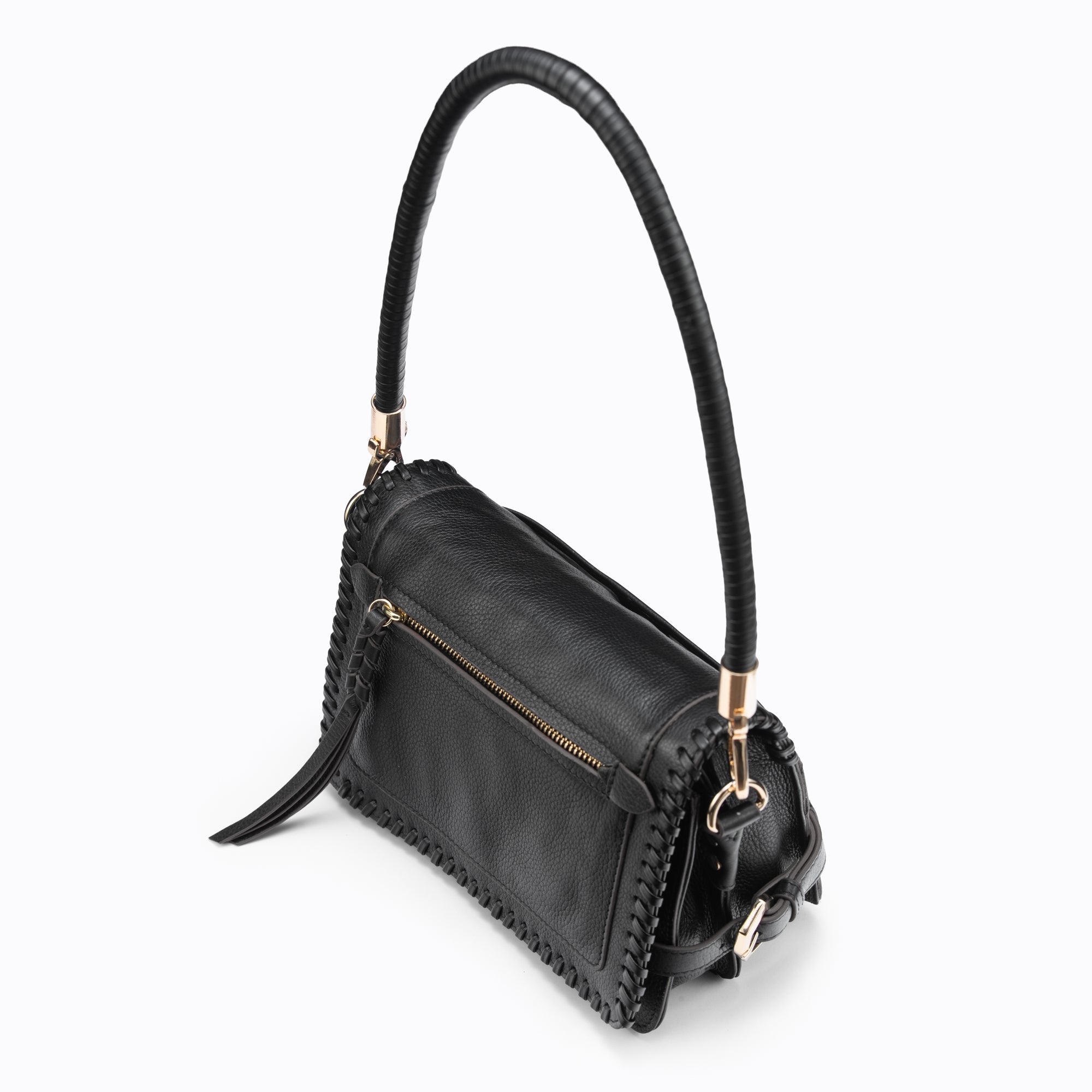 Lodis Elina EW Crossbody black glazed leather bag close-up showing whipstitch trim, gold zip closure, and braided top handle
