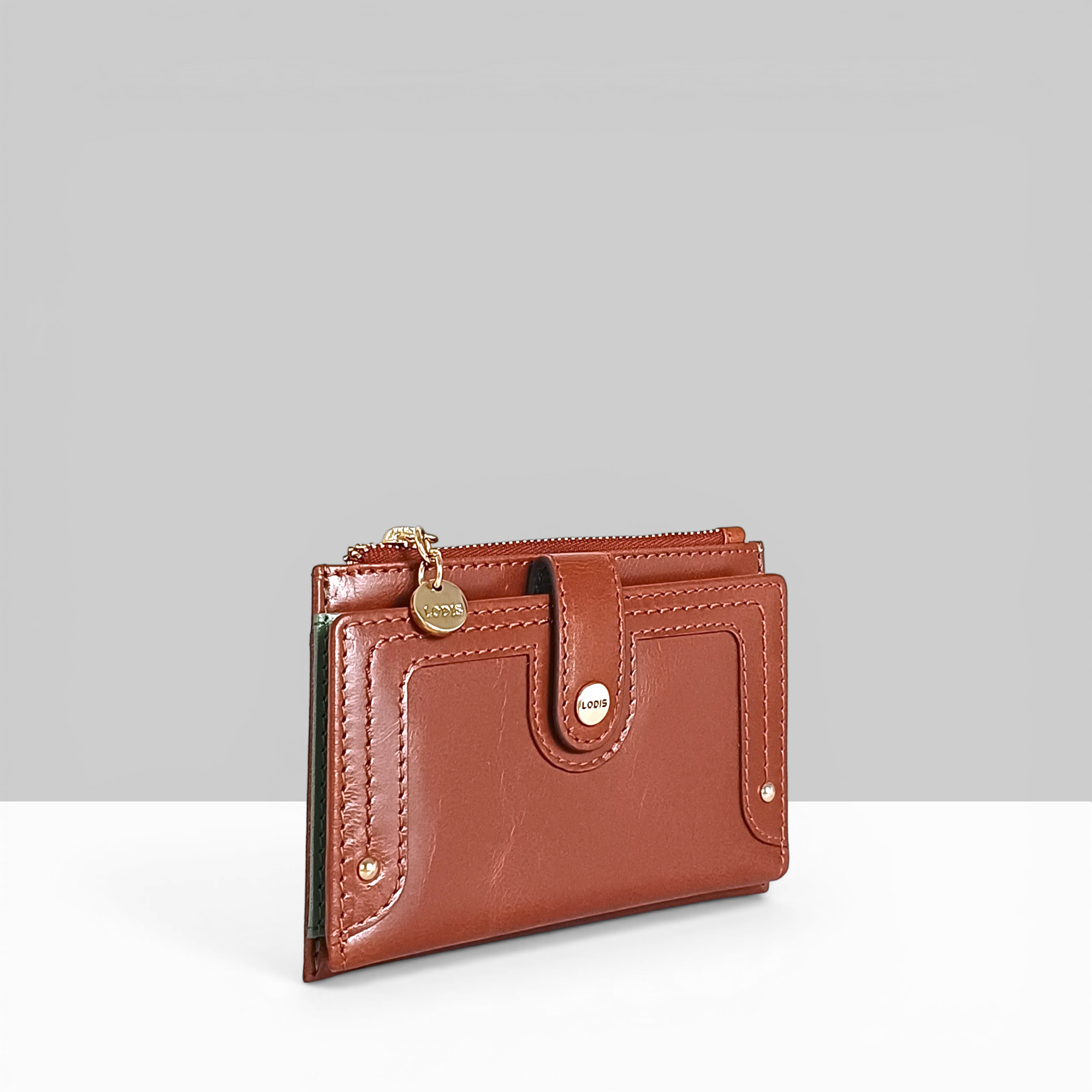 Lodis Overglow Flip Face Wallet Chestnut – Angled View Showing Flip Card Panel