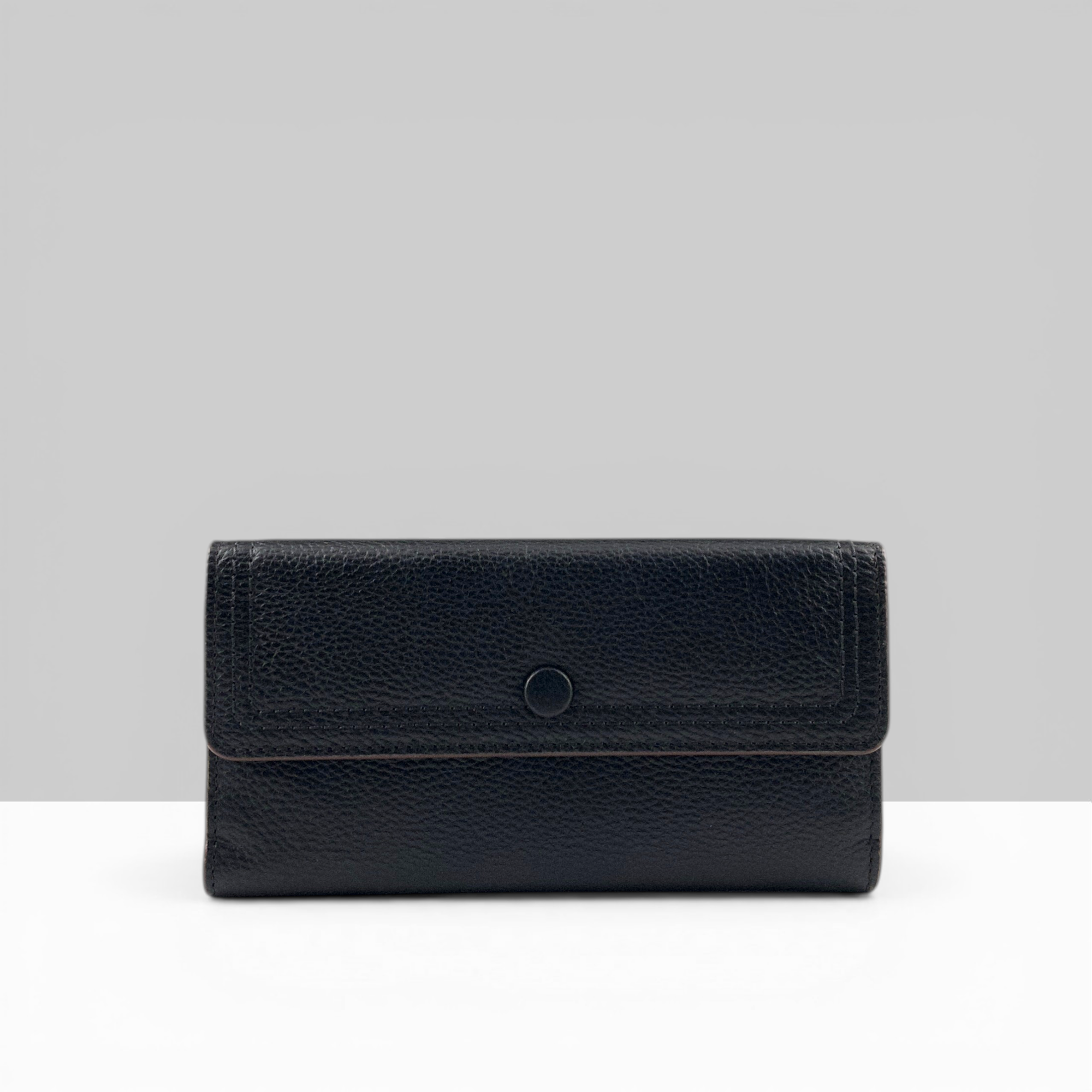 Lodis Kiara Large Flap Wallet in black pebbled leather with snap closure – front view