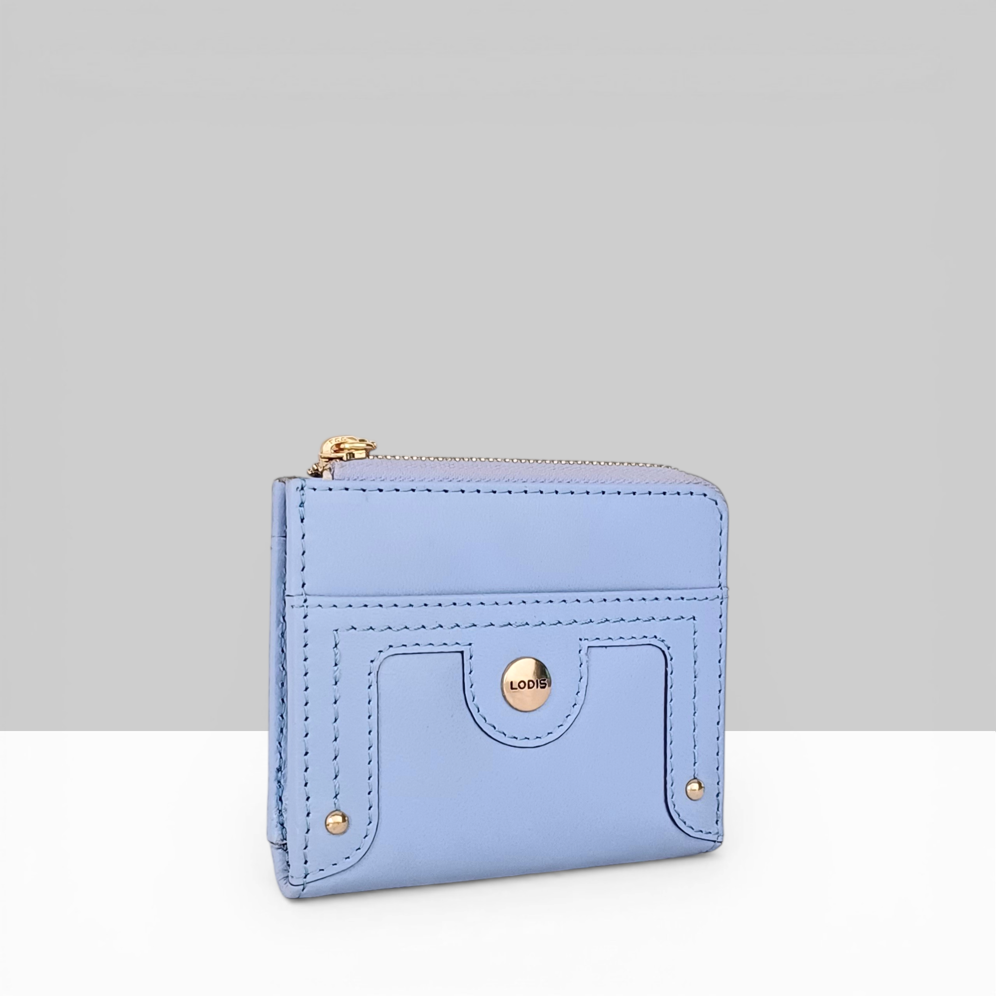 Overglow French L Zip Wallet in Aura Blue Pebbled Leather – Front View with Gold Zip Closure, Snap Pocket, and Lodis Logo Detail | Lodis 1965
