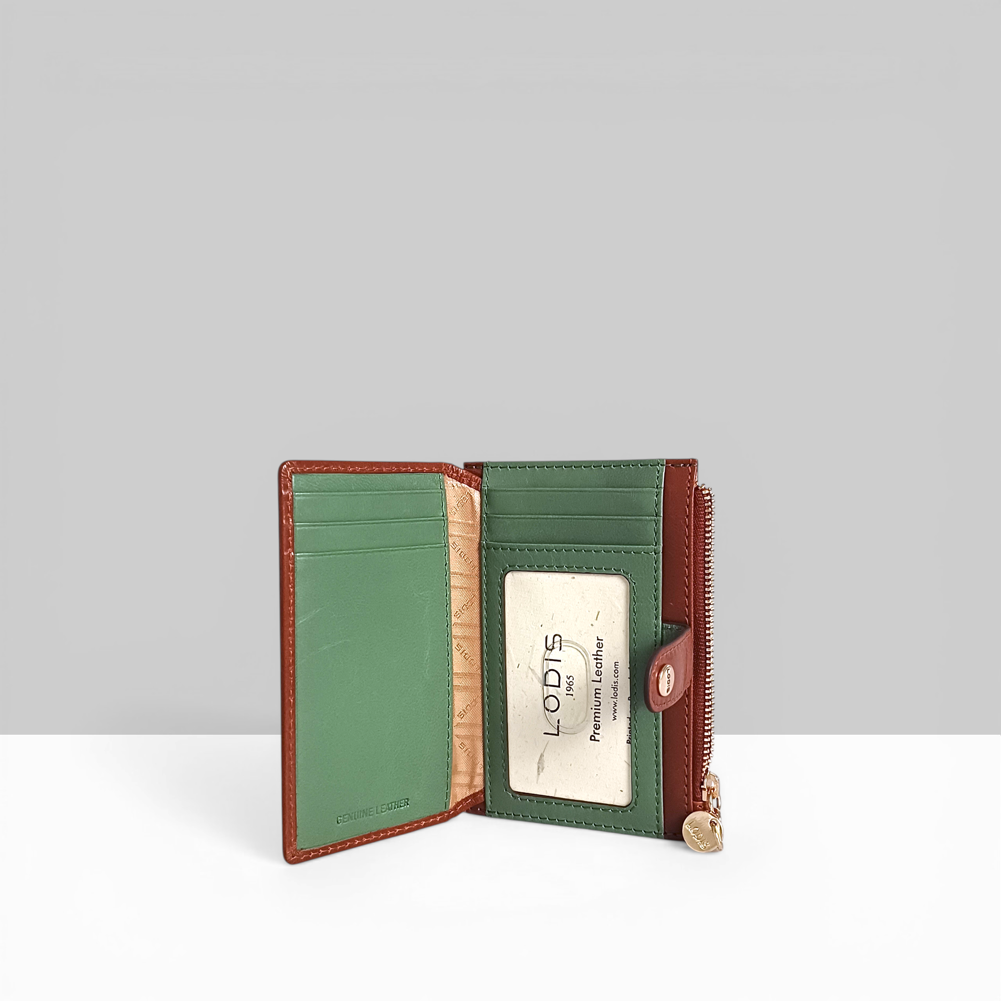 Lodis Overglow Flip Face Wallet Chestnut Open – Green Interior Lining with Card and Cash Slots