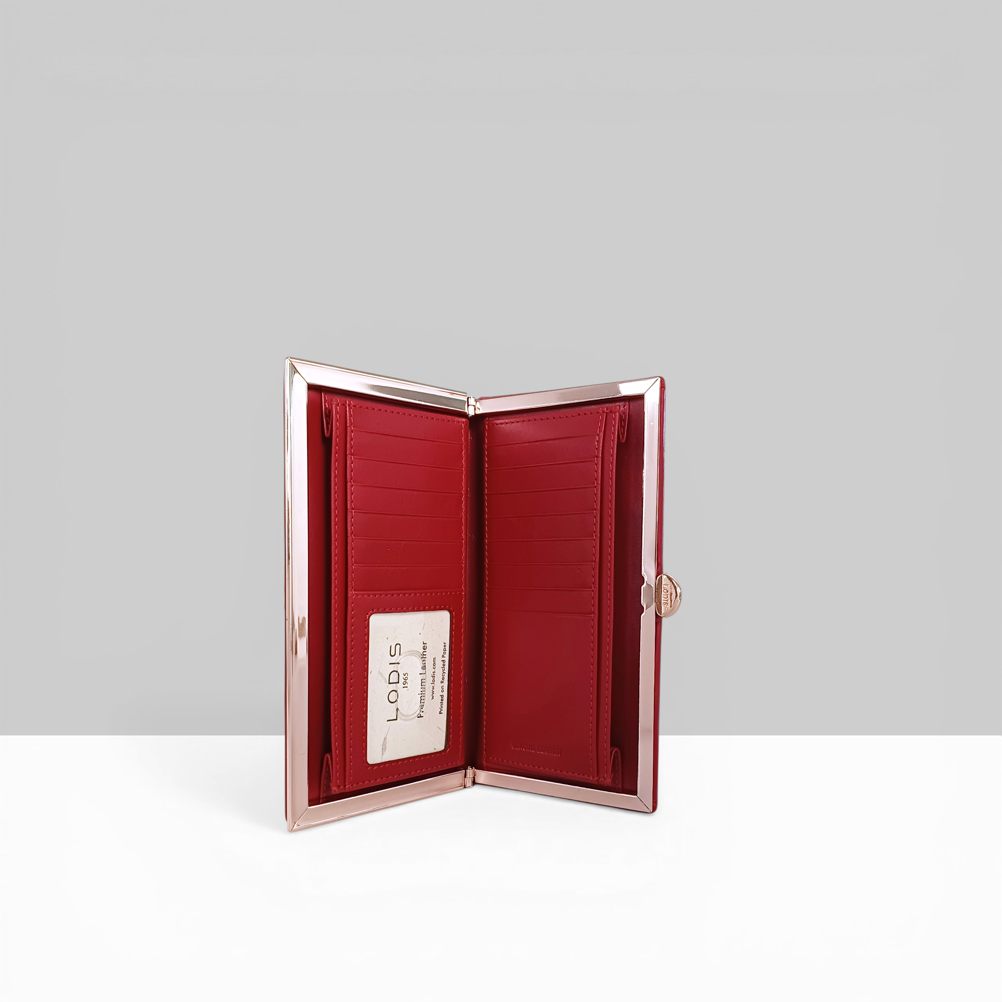 Overglow Clutch Frame Wallet in Rhythmic Red Patent Leather – Interior View Showing Multiple Card Slots, Bill Compartment, and Rose Gold Frame Detail | Lodis 1965