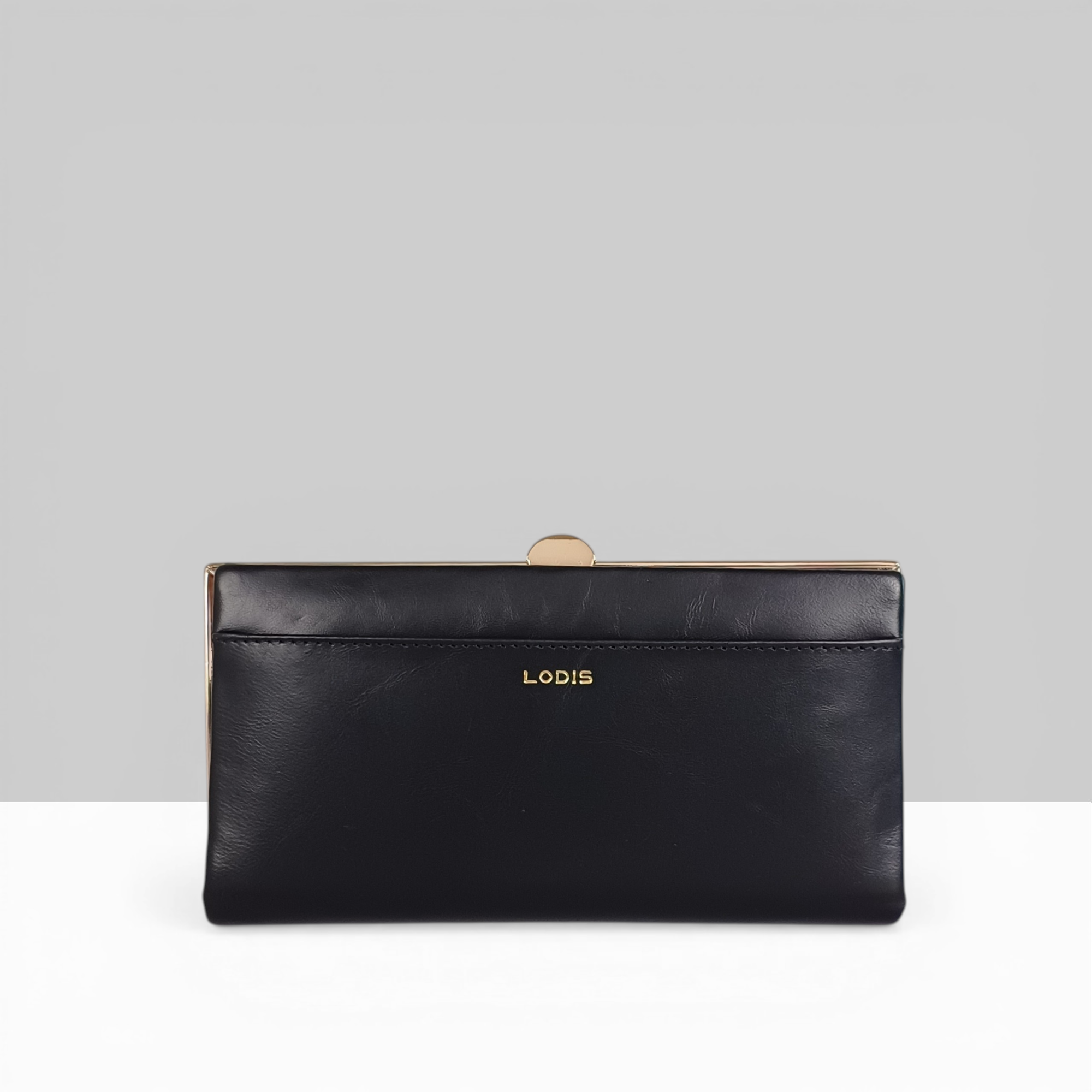 Overglow Clutch Frame Wallet in Black Patent Leather – Back View Showing Lodis Gold Logo Lettering and Frame Clasp Detail | Lodis 1965