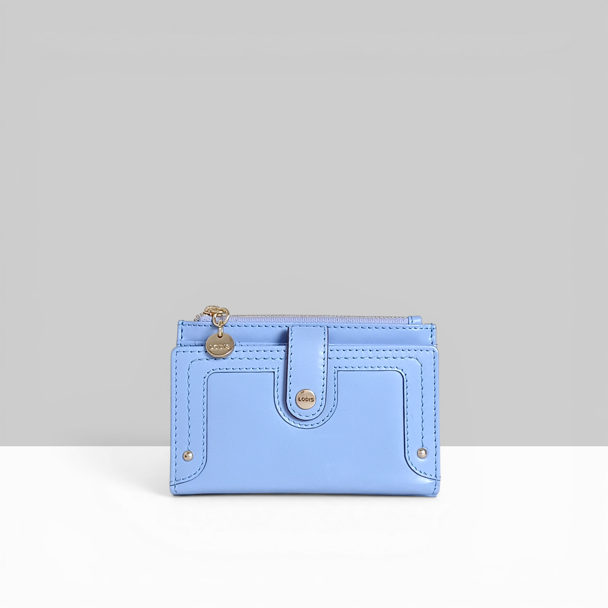 Lodis Overglow Flip Face Wallet in Aura Blue Leather with Gold Charm Detail