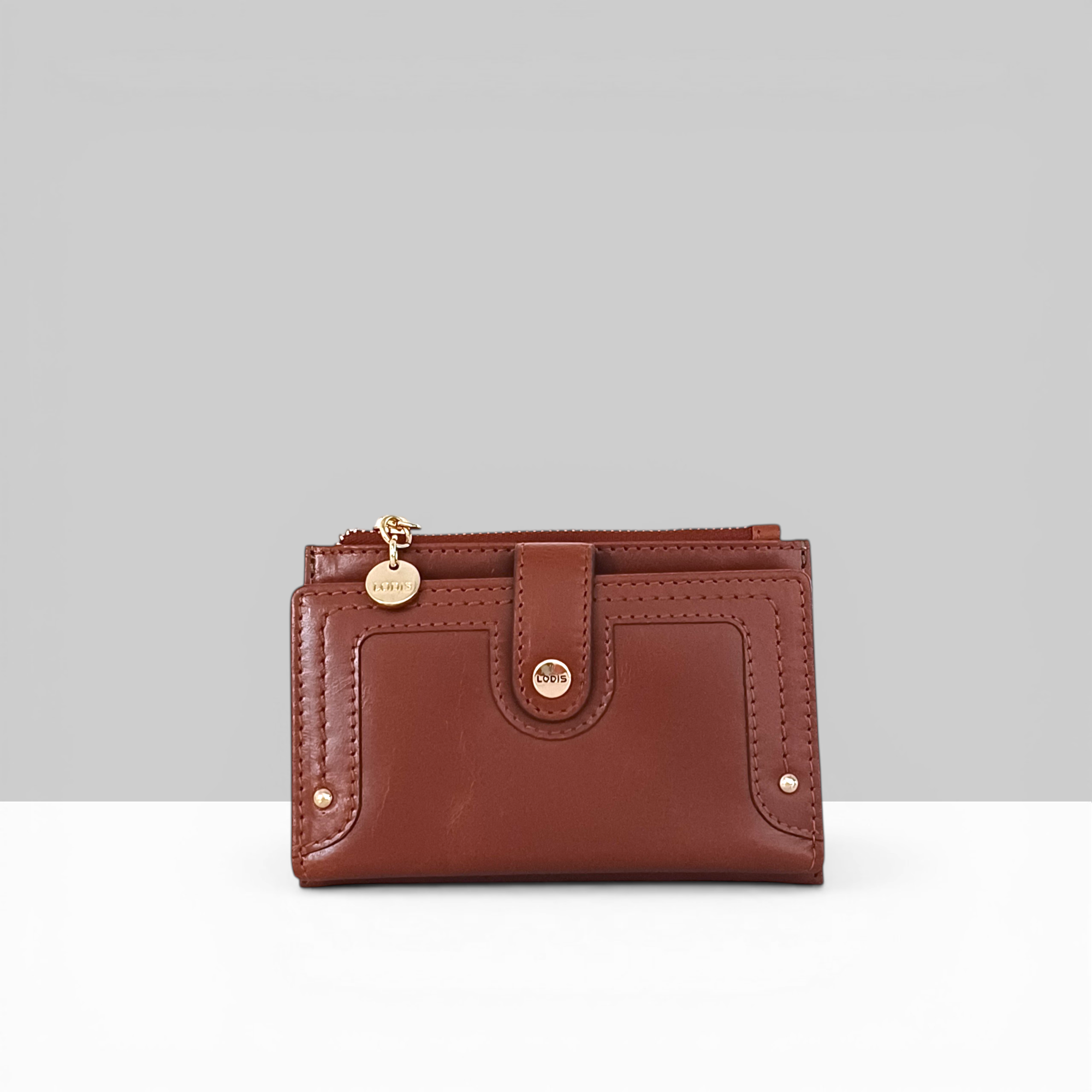 Lodis Overglow Flip Face Wallet in Chestnut Brown Leather with Gold Charm Accent