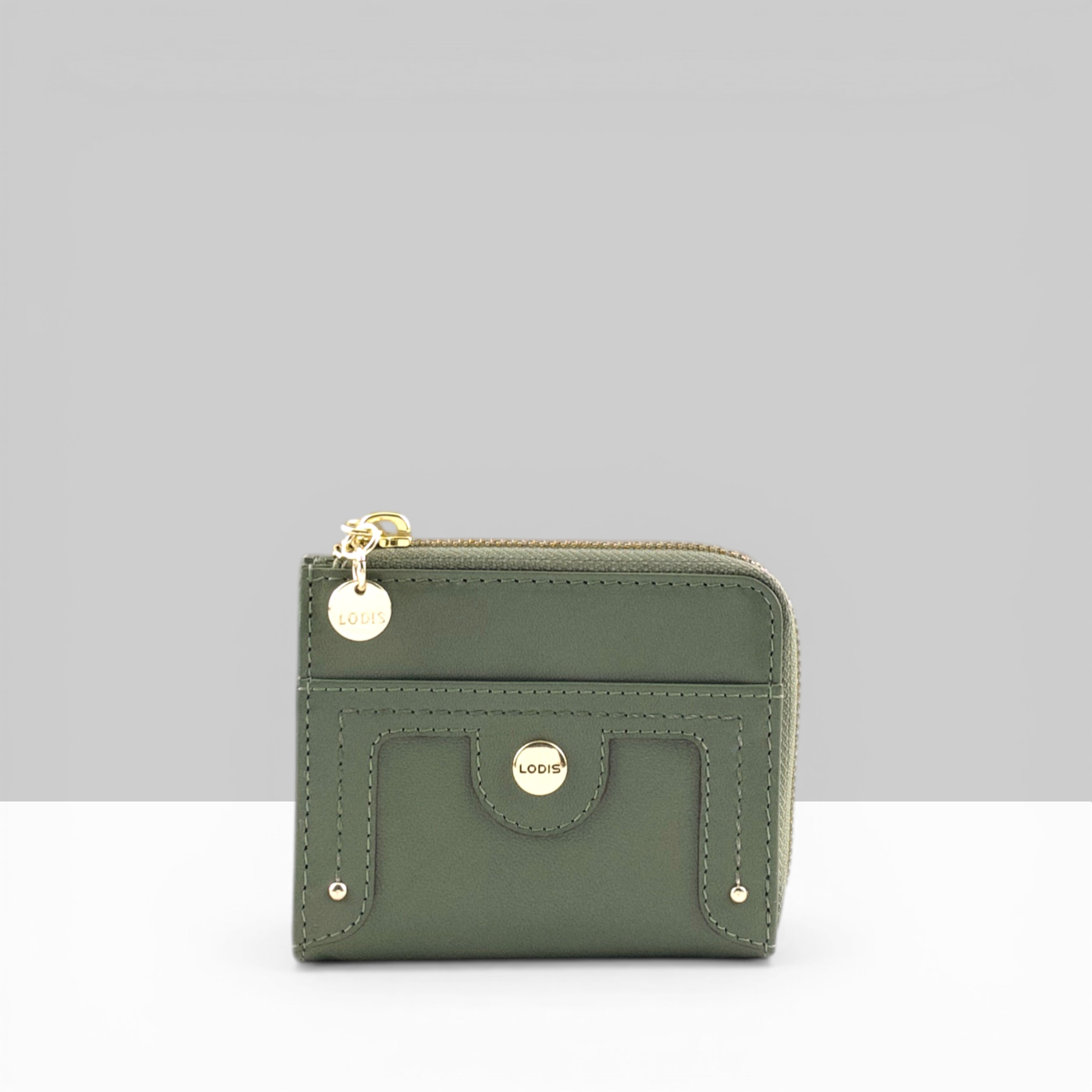 Overglow French L Zip Wallet in Sage Green Pebbled Leather – Front View with Gold Zip Closure, Snap Pocket, and Logo Charm Detail | Lodis 1965