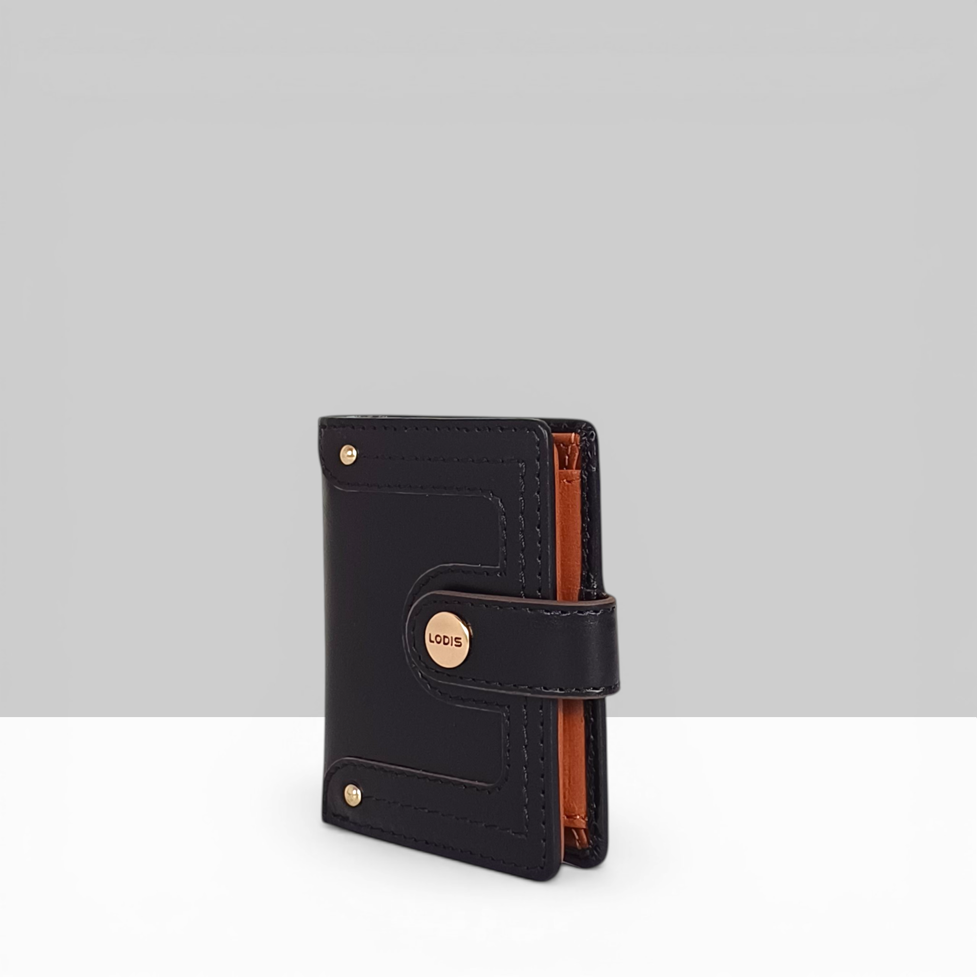 Lodis Overglow Slim Wallet Black Leather – Compact Bifold with Gold Hardware Snap Button