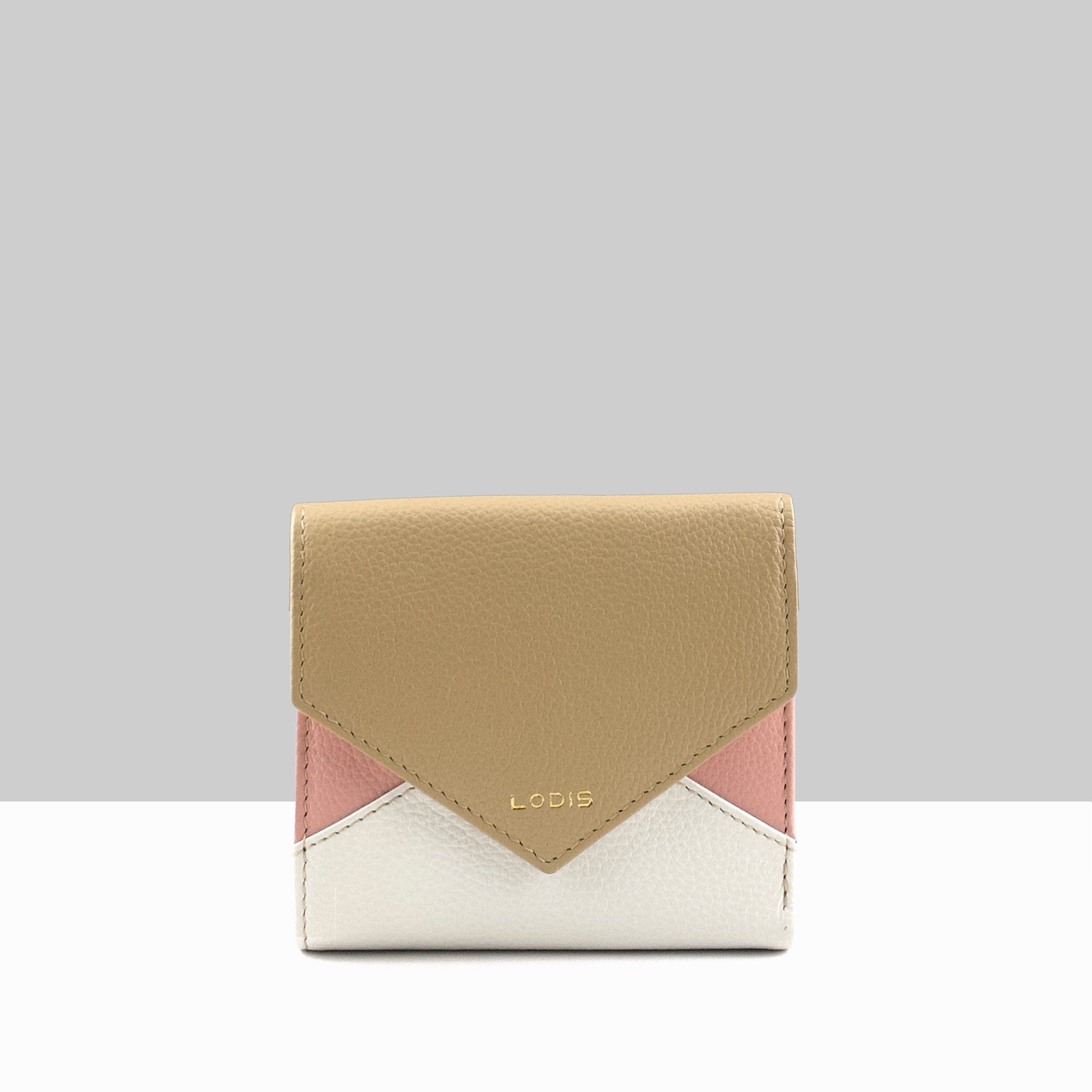 Lodis Vista Envelope Small Tri Fold Wallet in classic beige ballet pink color block pebbled leather with embossed Lodis logo – front view