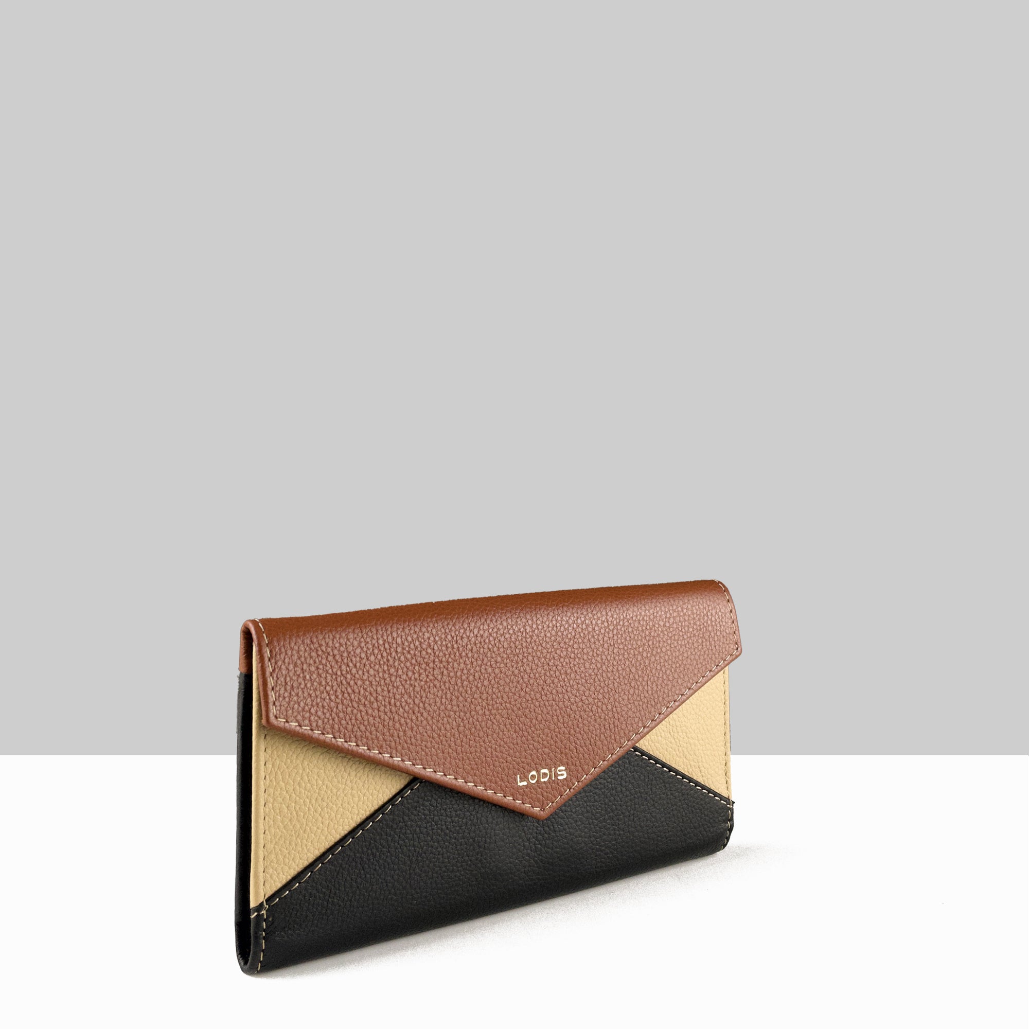 Lodis Vista Envelope Trifold Wallet in black chestnut sand color block pebbled leather with Lodis logo – side angle view