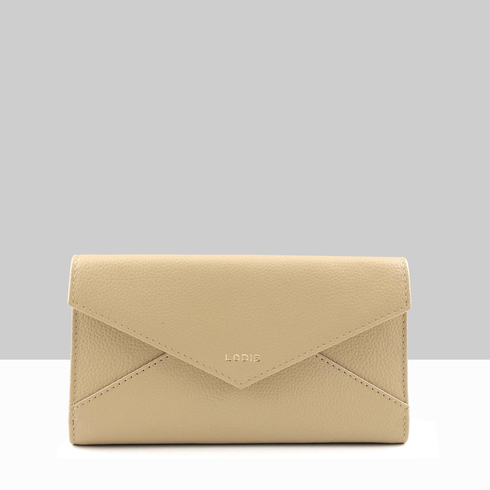 Lodis Vista Envelope Trifold Wallet in sand pebbled leather with embossed Lodis logo and envelope flap design – front view