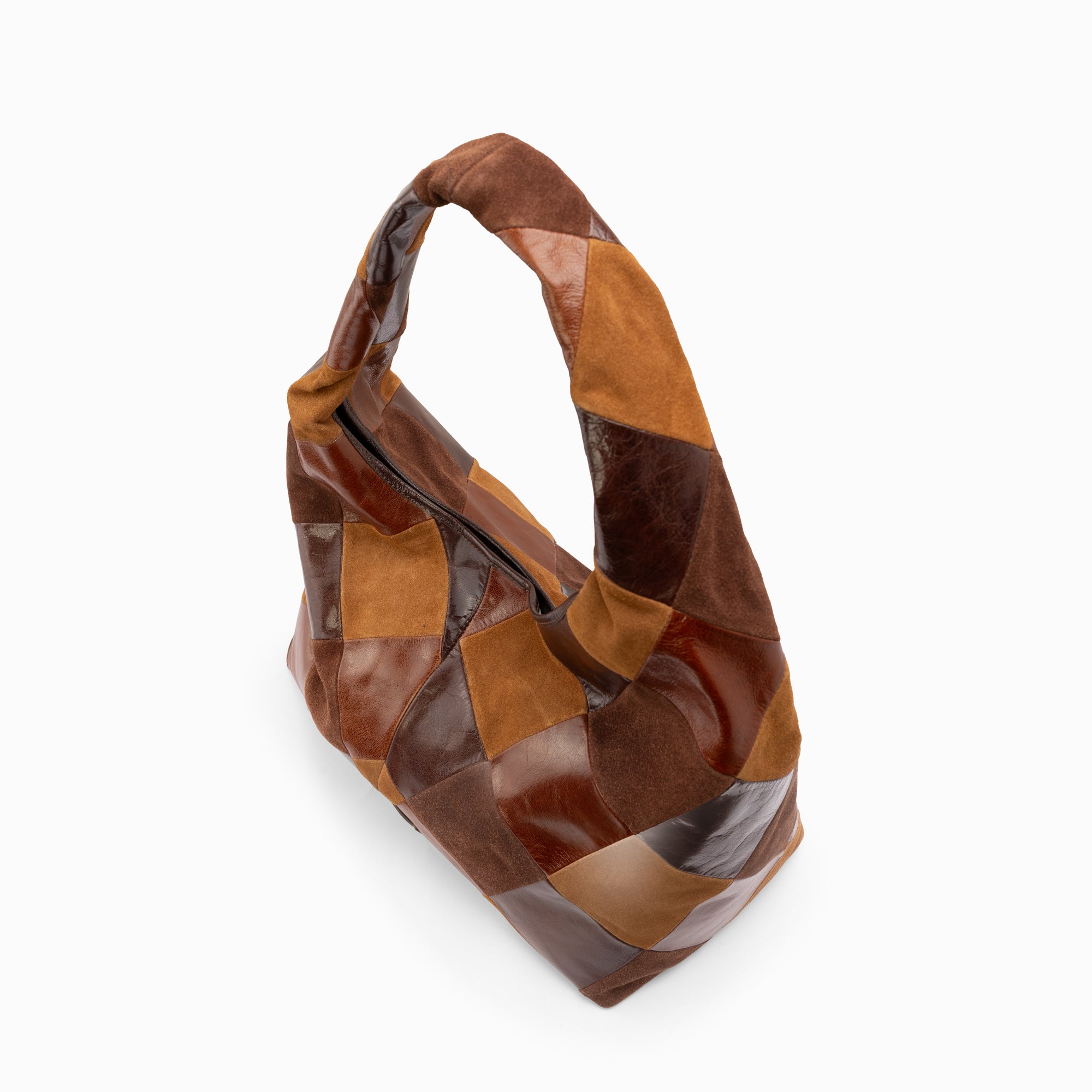 Piece Train Hobo in Chestnut Multi Suede Leather – Angled Top View Showing Mixed Texture Patchwork and Zip Closure | Lodis 1965